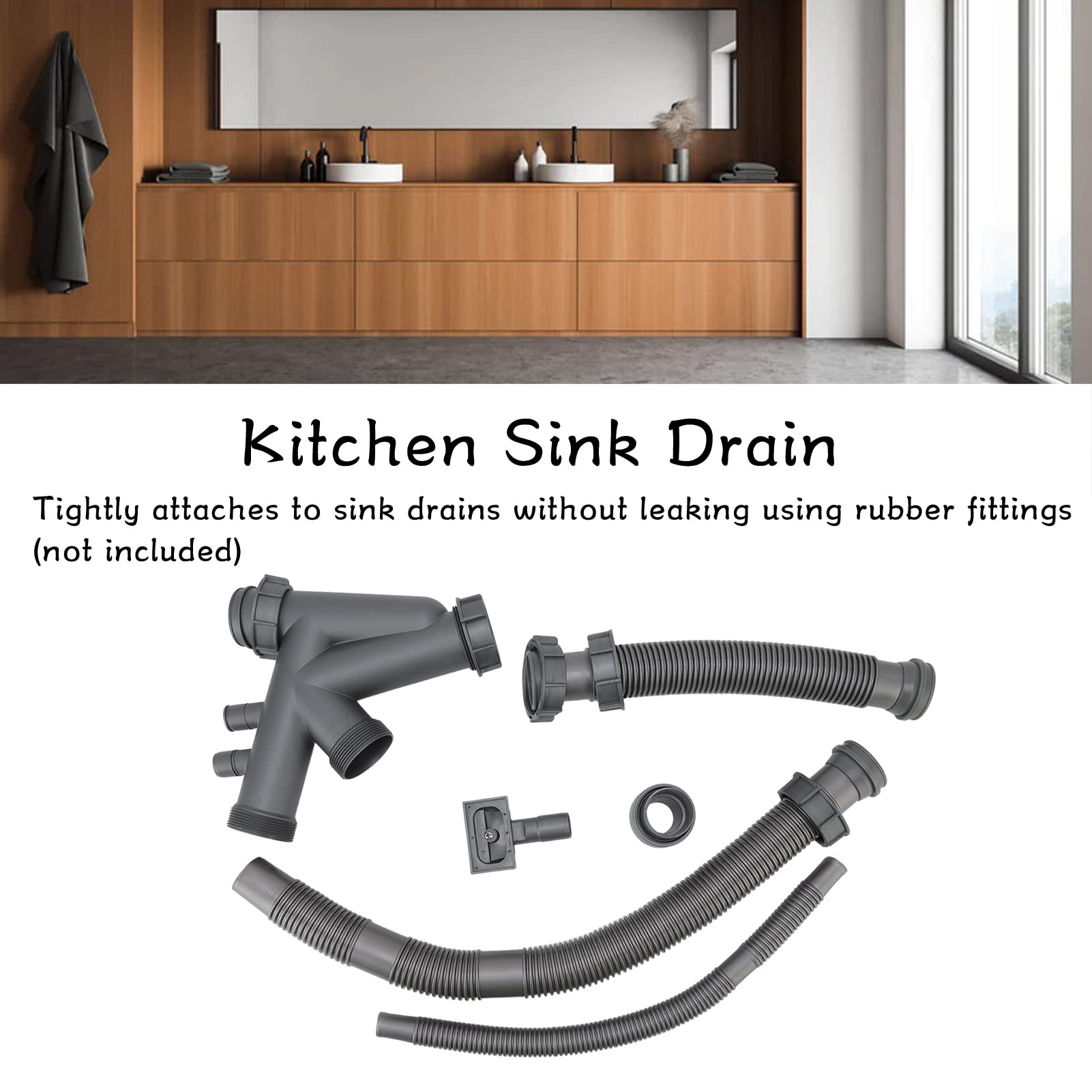 Septpenta 110mm/4.3in Double Kitchen Sink Drain with 50mm/2in Basin - Flexible, Extendable, Fast Draining, Clog-Resistant for Kitchen Sinks & Garbage Disposals | Perfect for Busy Kitchens & Food Prep Areas