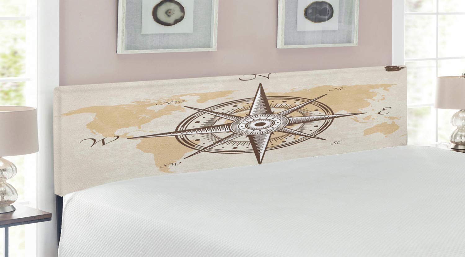 Lunarable Nautical Compass Headboard - King Size Upholstered Bed Headboard with Memory Foam, Old Map & Torn Border Design in Beige Brown | Perfect for Coastal, Vintage & Nautical Themed Bedrooms