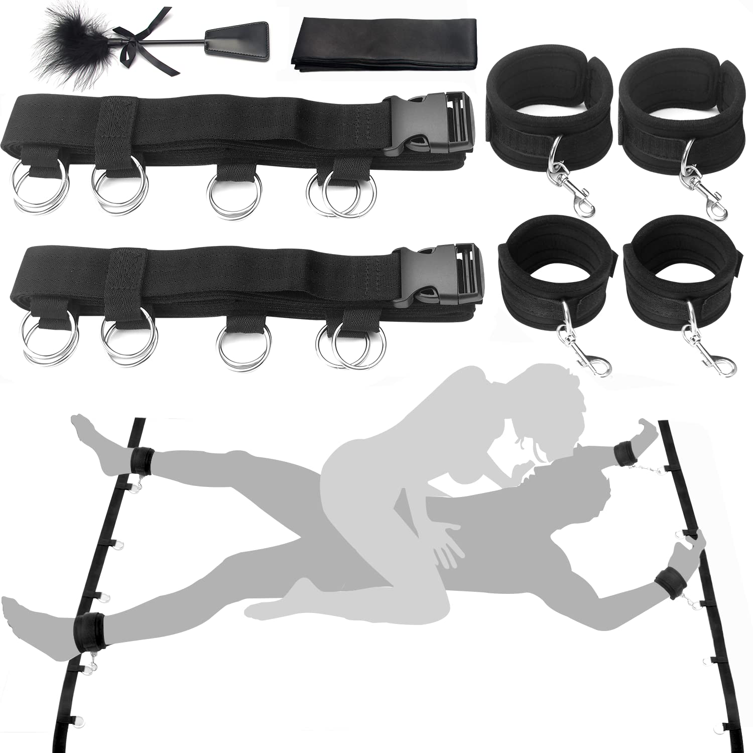 Premium BDSM Bondage Restraint Kit for Couples - Under Mattress Wrist & Ankle Cuffs Set with Blindfold & Tickler - Adult Sex Toys for Spicy Bedroom Play, Roleplay and Sensual Exploration