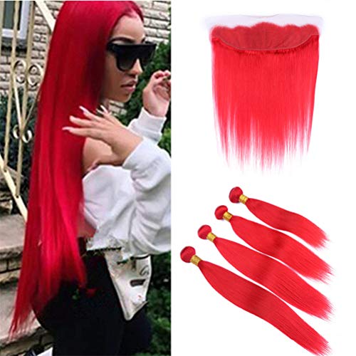 Brazilian Red Human Hair Bundles 4Pcs with Ear to Ear Lace Frontal - 100% Virgin Hair Silky Straight Weave Extensions (10