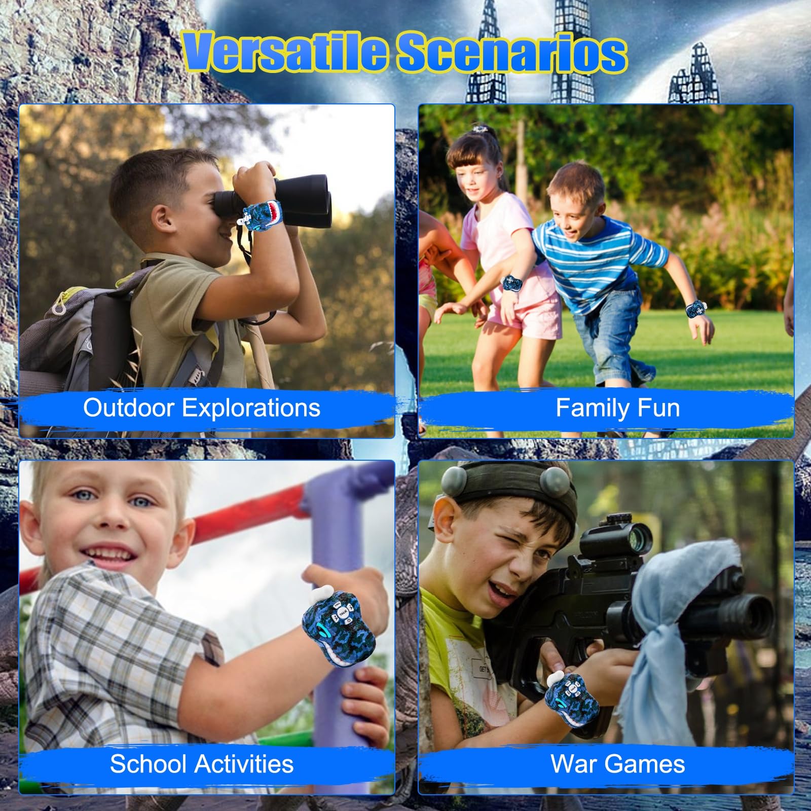 Dinosaur Walkie Talkies for Kids - 2 Way Radios Toys for Boys & Girls Ages 3-12 - Long Range Communication, 3 Channels - Perfect for Outdoor Adventures, Camping, Hiking & Birthday Gifts (Blue) - Ideal for Backyard Play, Family Trips & Emergency Preparedness