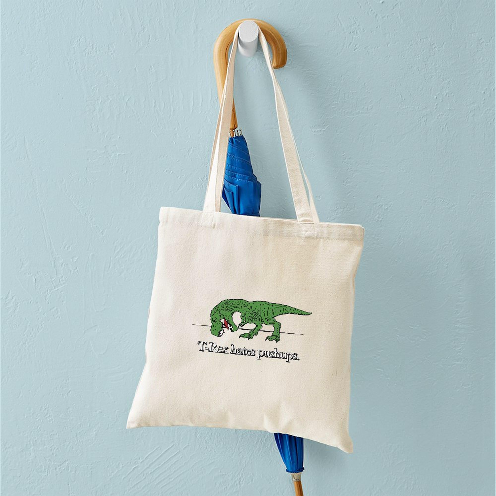 Funny T-Rex Hates Pushups Canvas Tote Bag - Reusable Natural Shopping Bag for Gym, Work, Groceries & Beach