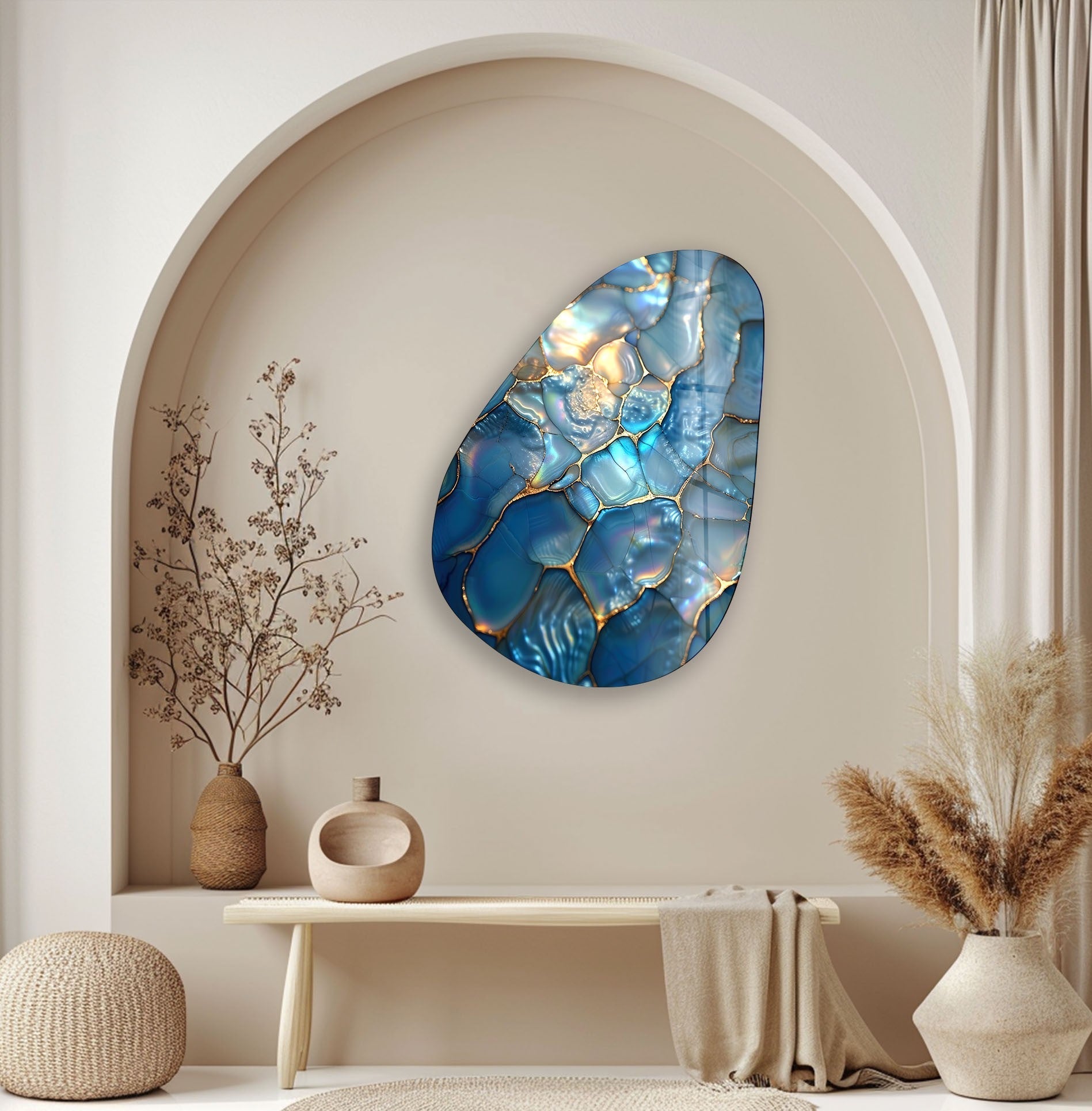 Modern Asymmetrical Oval Shiny Cracked Glass Wall Art - Elegant Home Decor for Living Room, Bedroom & Office