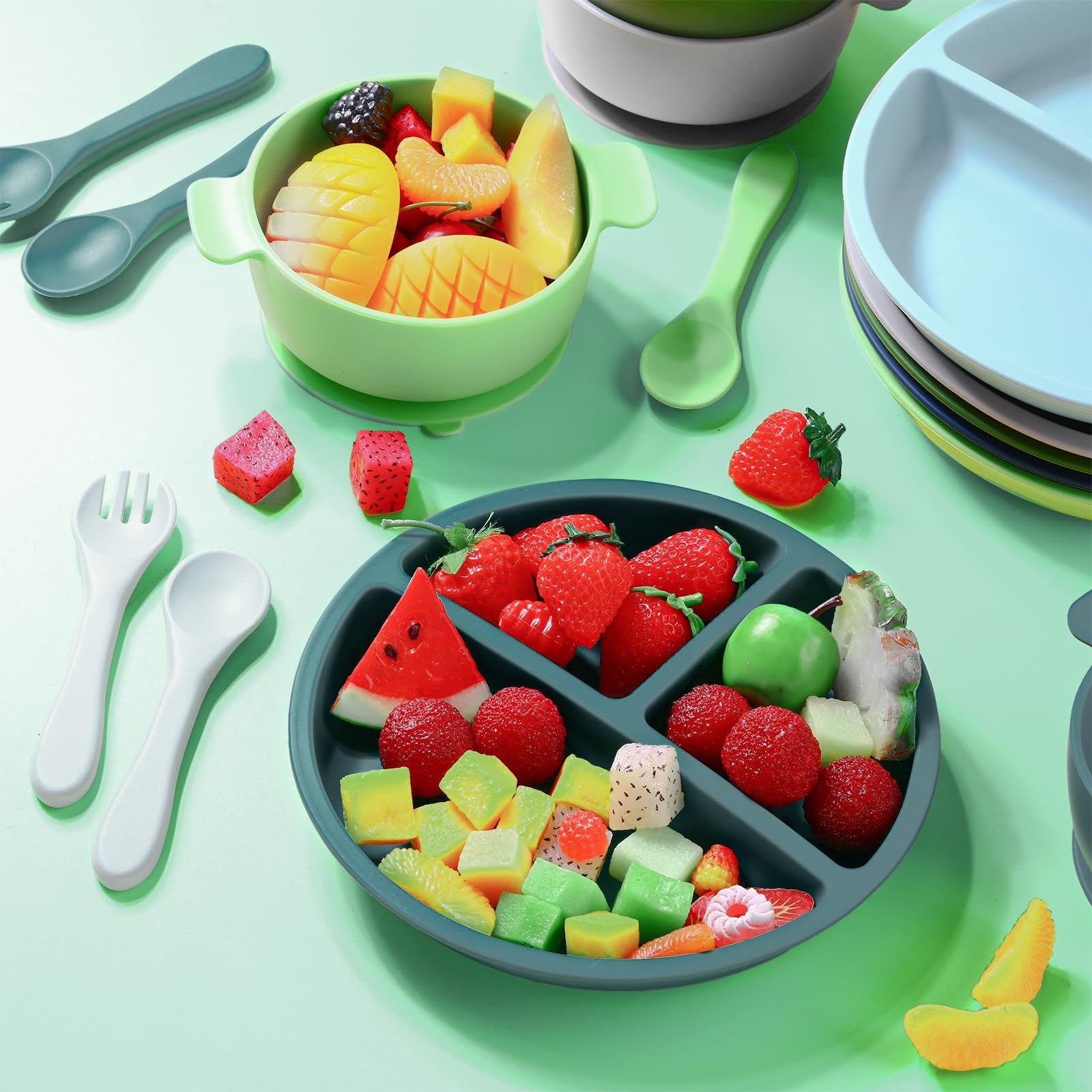 Dandat 24-Piece Silicone Baby Feeding Set - 6 Suction Bowls, 6 Divided Plates, 6 Forks & 6 Spoons - BPA-Free Toddler Utensils for Weaning & Self-Feeding - Vivid Colors (Perfect for Home, Travel & Daycare Use)