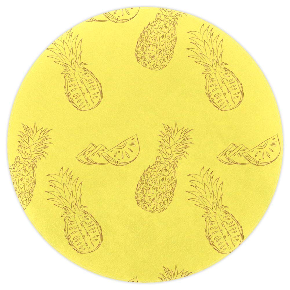 Hand-Painted Yellow Pineapple Round Area Rug - 4ft Non-Slip Soft Washable Decorative Carpet for Outdoor, Bedroom, Living Room & Kids Room | Foldable Yoga Mat & Cozy Floor Pad for Home Decor