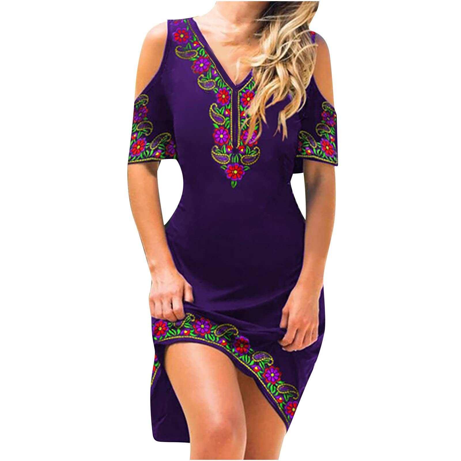 YRAETENM Women's Floral Print Summer Dress - V Neck Strapless Black Swing Long Dress for Casual Wear, Date Night & Beach Vacation | Sexy & Stylish 2022 Fashion