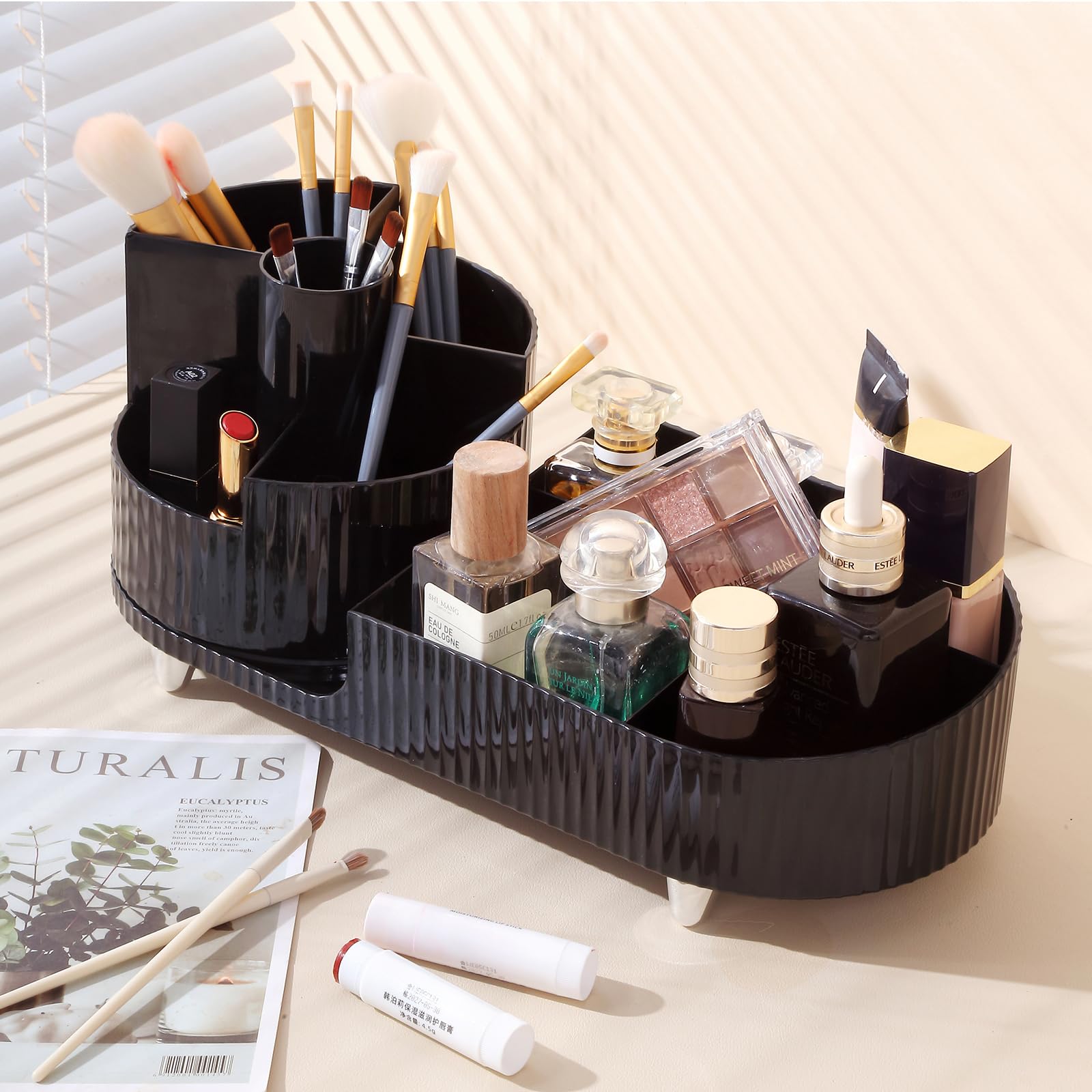 360° Rotating Makeup Organizer for Vanity | Cosmetic Storage Organizer with Brush Holder | Skincare & Lipstick Display Tray (Black) | Perfect for Bedroom Dresser, Bathroom Counter & Beauty Salon Organization