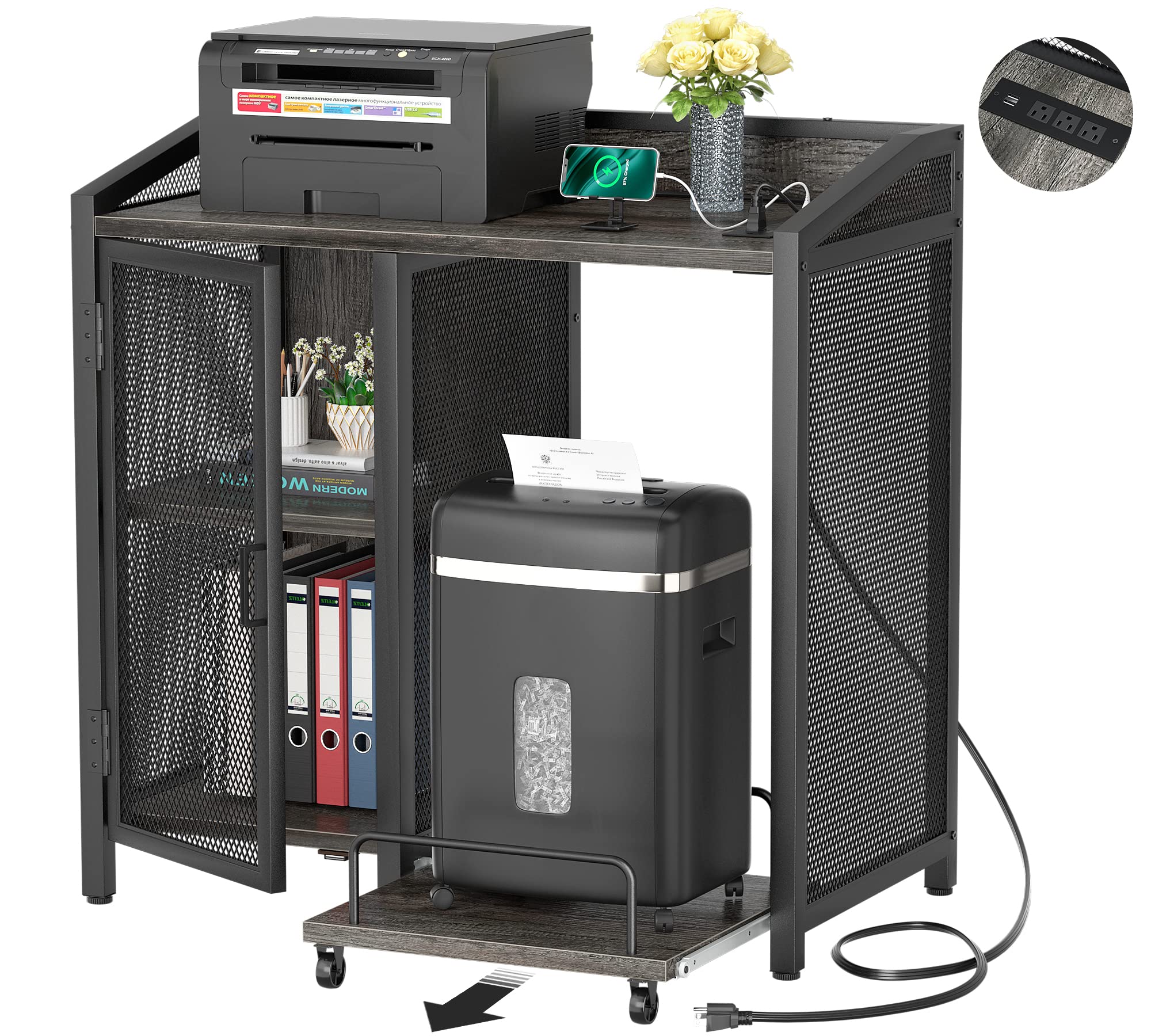 Modern Black Oak Office File Cabinet with Power Outlet & Door - Large Printer Stand, Paper Shredder Rack & Storage Cabinet for Home Office | Perfect for Document Organization & Workspace Efficiency