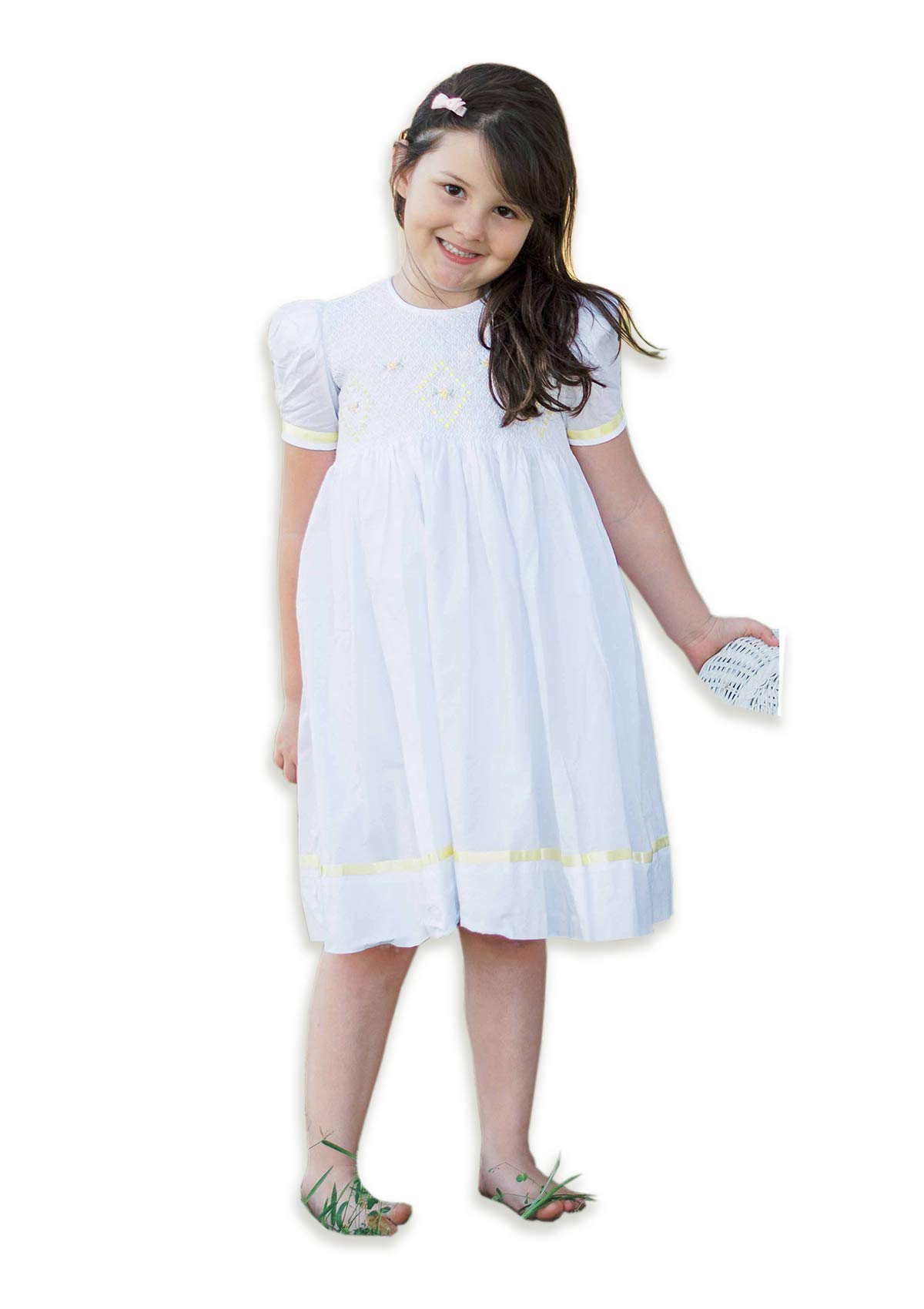 Elegant Hand-Smocked White Easter Dress for Flower Girls with Yellow Ribbon - Perfect for Easter Celebrations, Weddings & Special Occasions