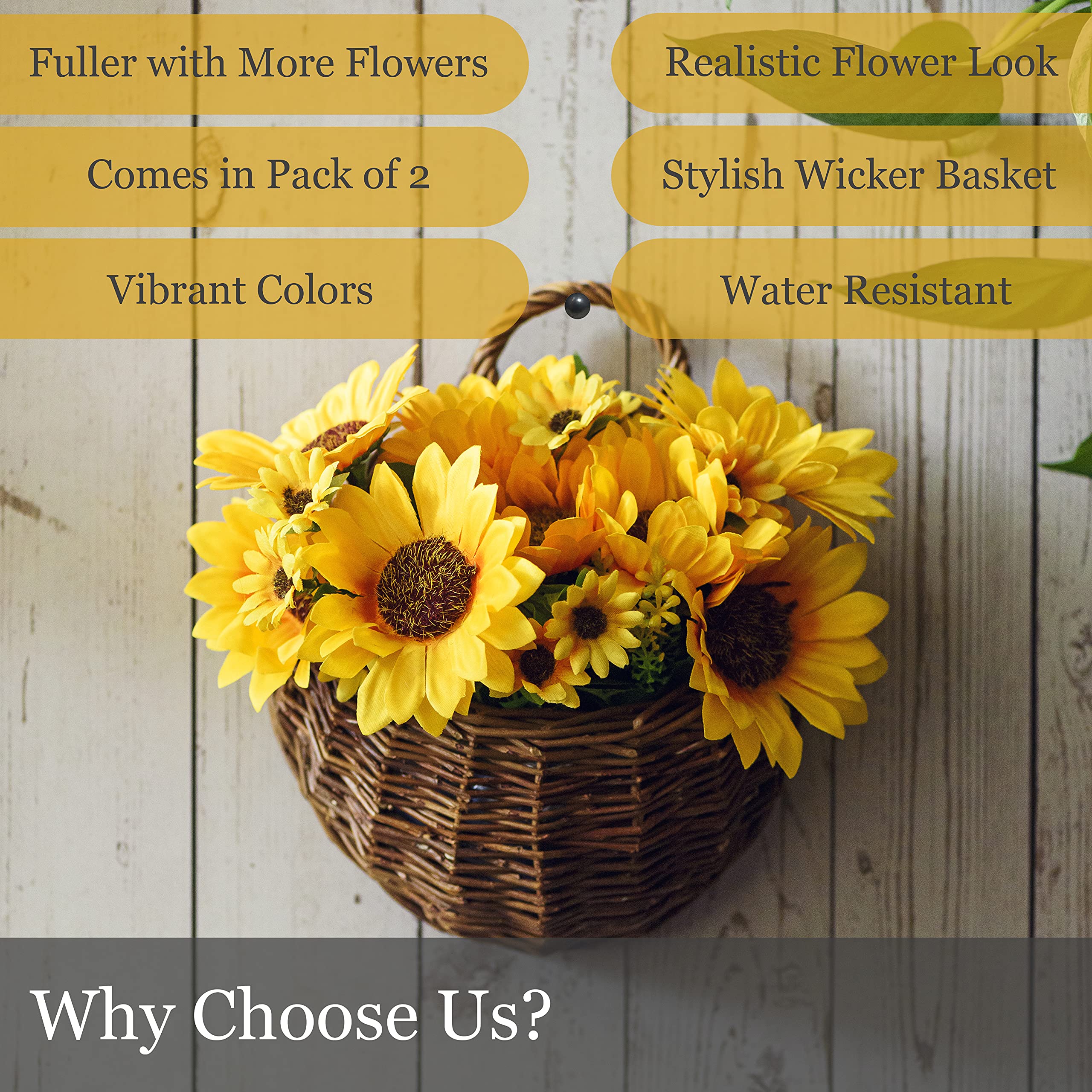 2-Pack Artificial Sunflower Wall Decor with Hand Woven Baskets - Faux Sunflower Kitchen & Bathroom Décor - Hanging Fake Sunflower Wreath for Home, Office, and Outdoor Spaces