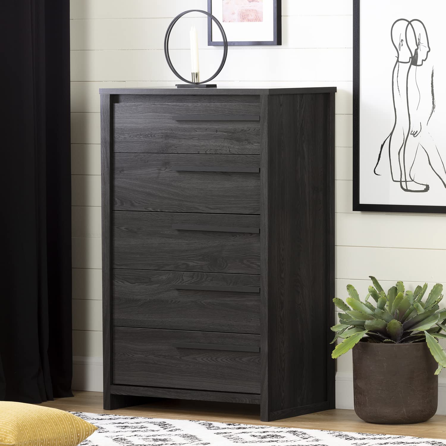 South Shore Tao 5-Drawer Dresser in Grey Oak with Wooden Handles - Modern Bedroom Storage Solution for Clothes, Accessories & Home Organization