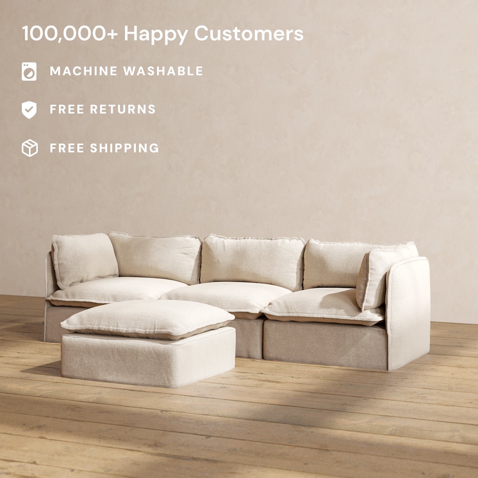 Premium Modular Performance 3-Seater Sofa with Ottoman in Oat - Ultra Soft Deluxe Blend Fabric | Modern Living Room Furniture for Small Spaces & Apartment Comfort