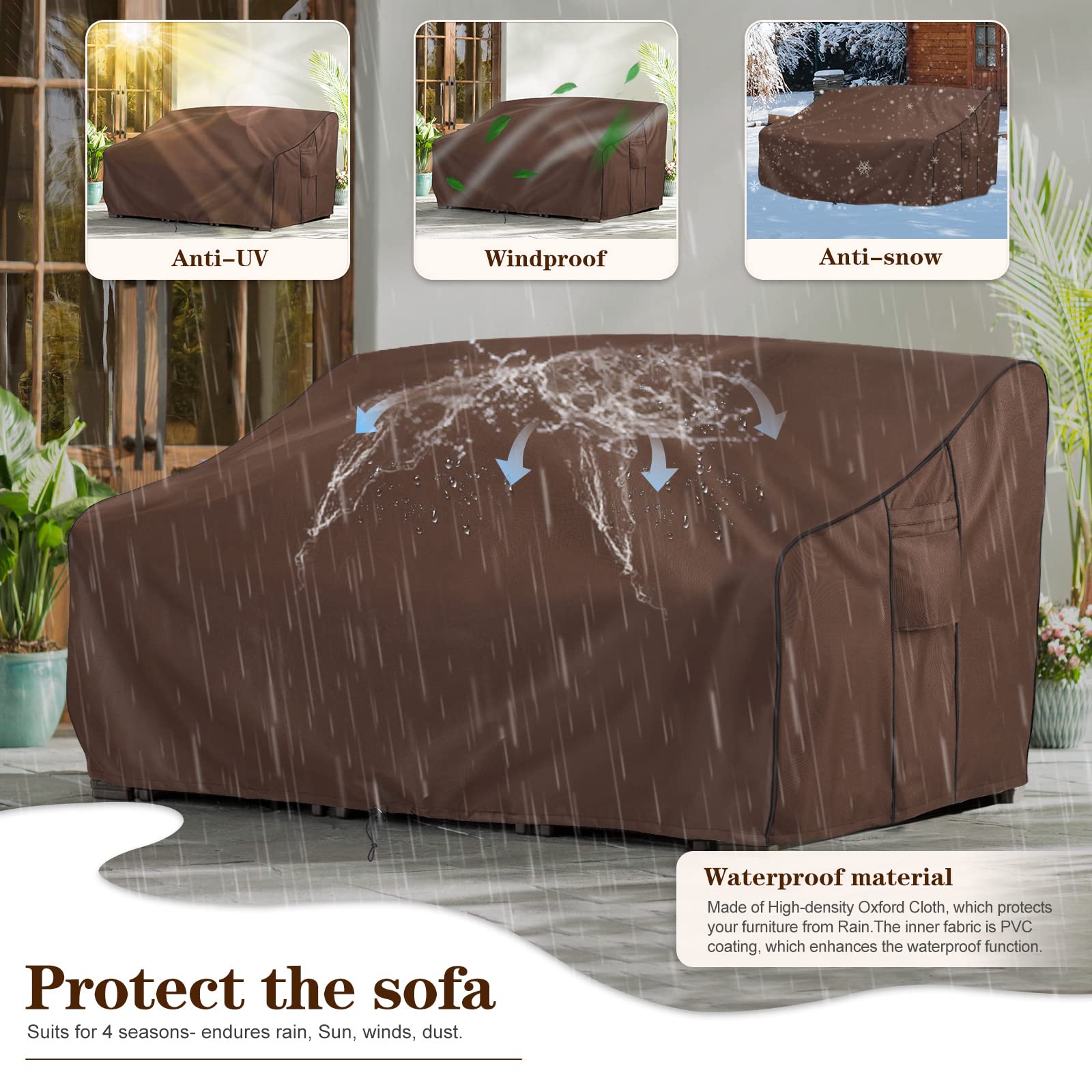 BRIVIC Waterproof Outdoor Patio Furniture Covers for Sofa & Loveseat - Fits 58W x 32.5D x 31H Inches, Heavy-Duty Brown Weatherproof Protection - Perfect for Backyard, Garden, Deck and Poolside Furniture