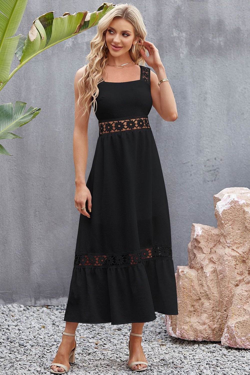 Floral Crochet Wide Strap Midi Dress - Boho Summer Beach Dress for Women, Perfect for Vacations, Weddings & Outdoor Parties
