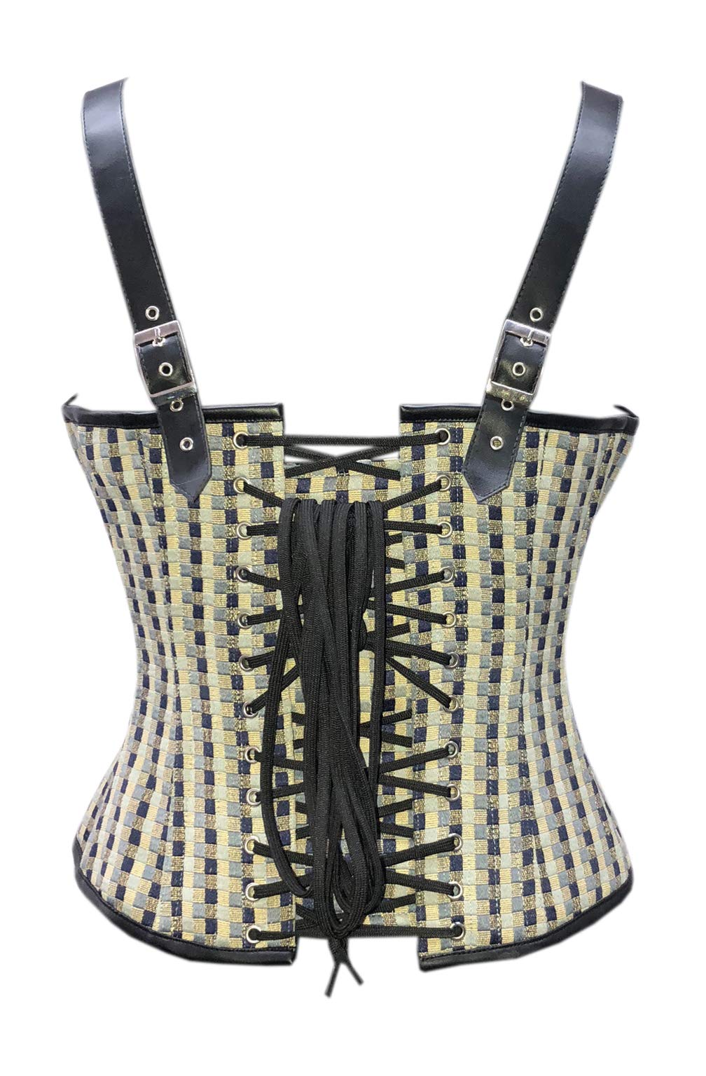 Black Checkered Leather Corset Dress - Gothic Steampunk Overbust Lace-Up Bustier for Women - Plus Size Victorian Costume for Cosplay, Halloween & Burlesque Parties