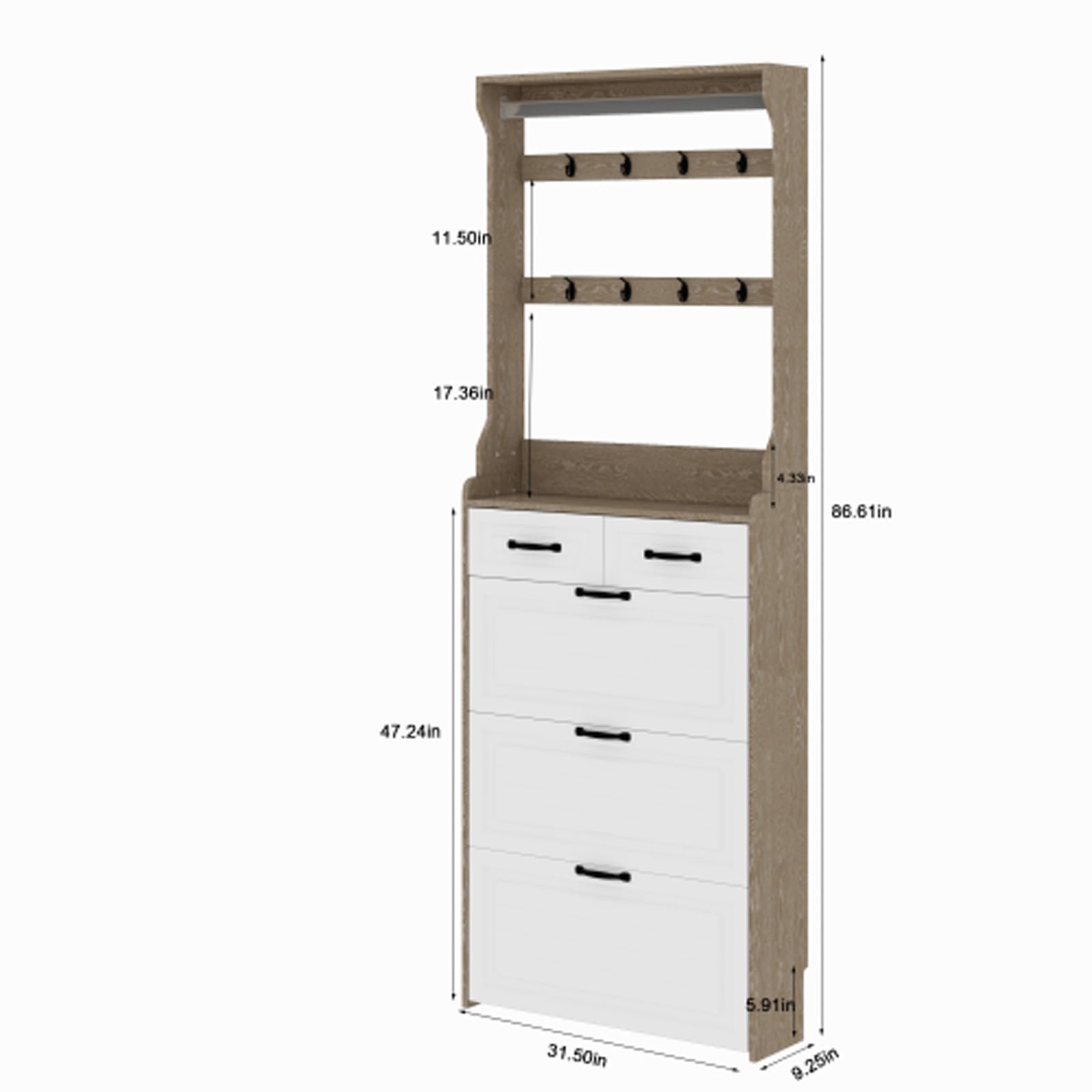 3-Door Oak Shoe Cabinet with 2 Drawers & Hanger - PVC Panel Storage Organizer for Entryway, Closet & Mudroom - Large Capacity Shoe Rack (White)