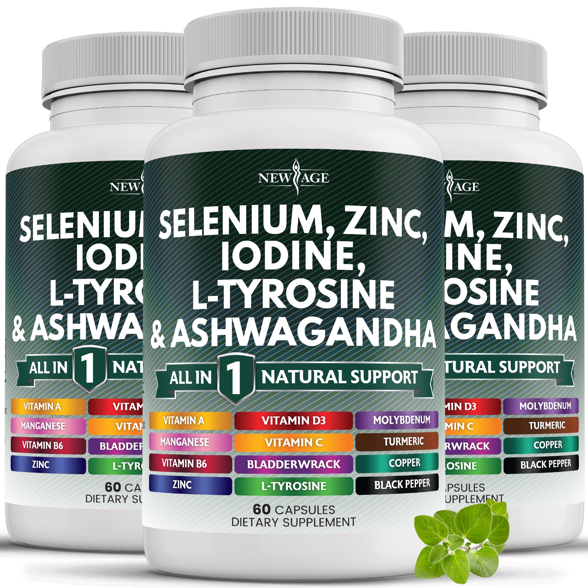 Thyroid Support Supplement with Selenium, Zinc, Iodine, L-Tyrosine & Ashwagandha - Bladderwrack, Turmeric, Kelp & Schisandra for Hormone Balance - 180 Capsules (3-Pack) - Boost Energy & Metabolism for Women & Men - Perfect for Daily Wellness & Thyroid Health
