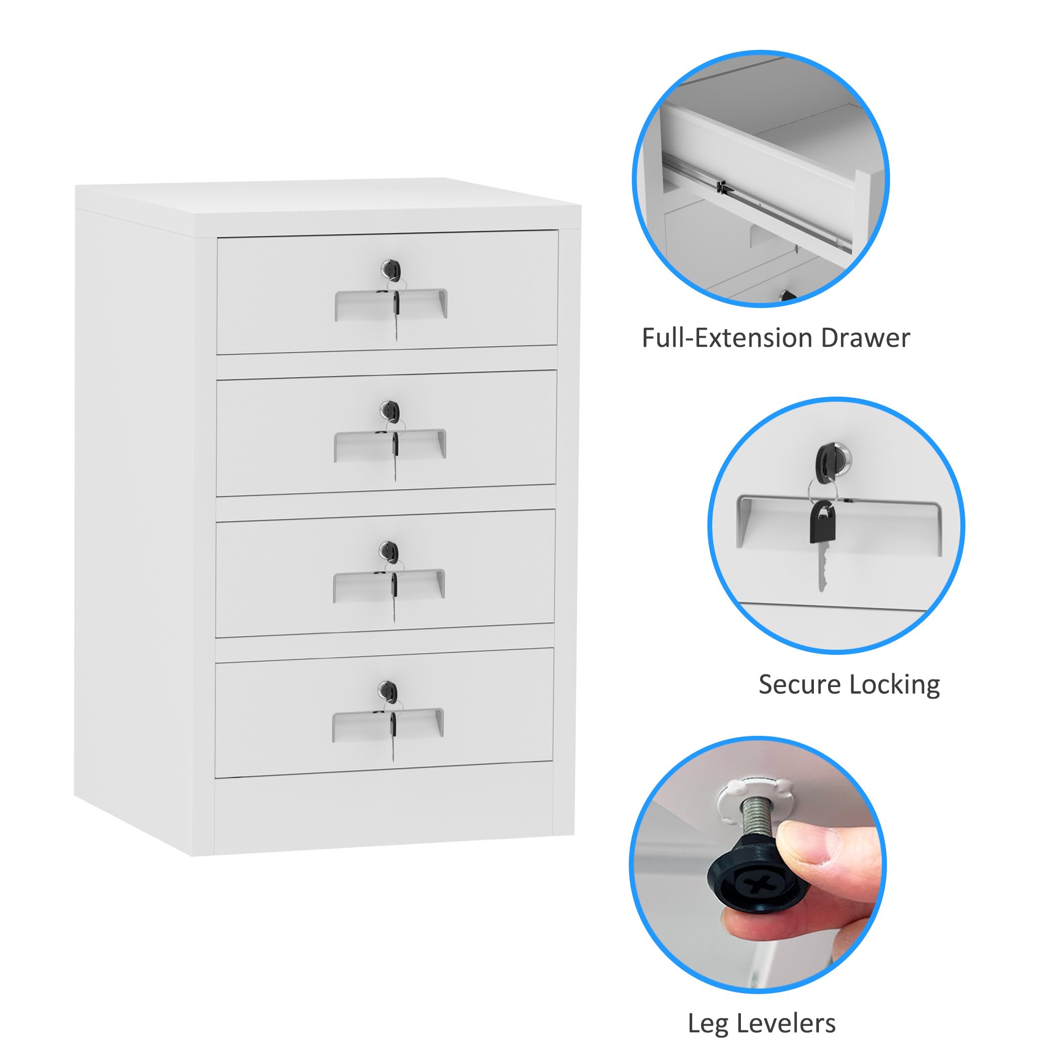 White Metal Storage Cabinet with Lockable Drawers - Secure Home & Office Organization Solution for Bedroom, Living Room & Workspace | Durable File Storage for Documents, Supplies & Essentials