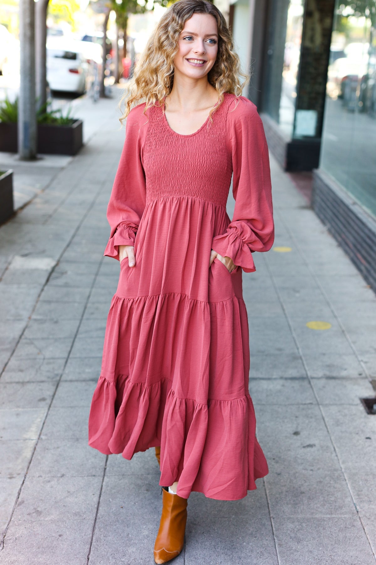 Beautiful You Lock Eyes Marsala Smocked Ruffle Sleeve Maxi Dress - Elegant Women's Long Dress for Weddings, Parties & Special Occasions