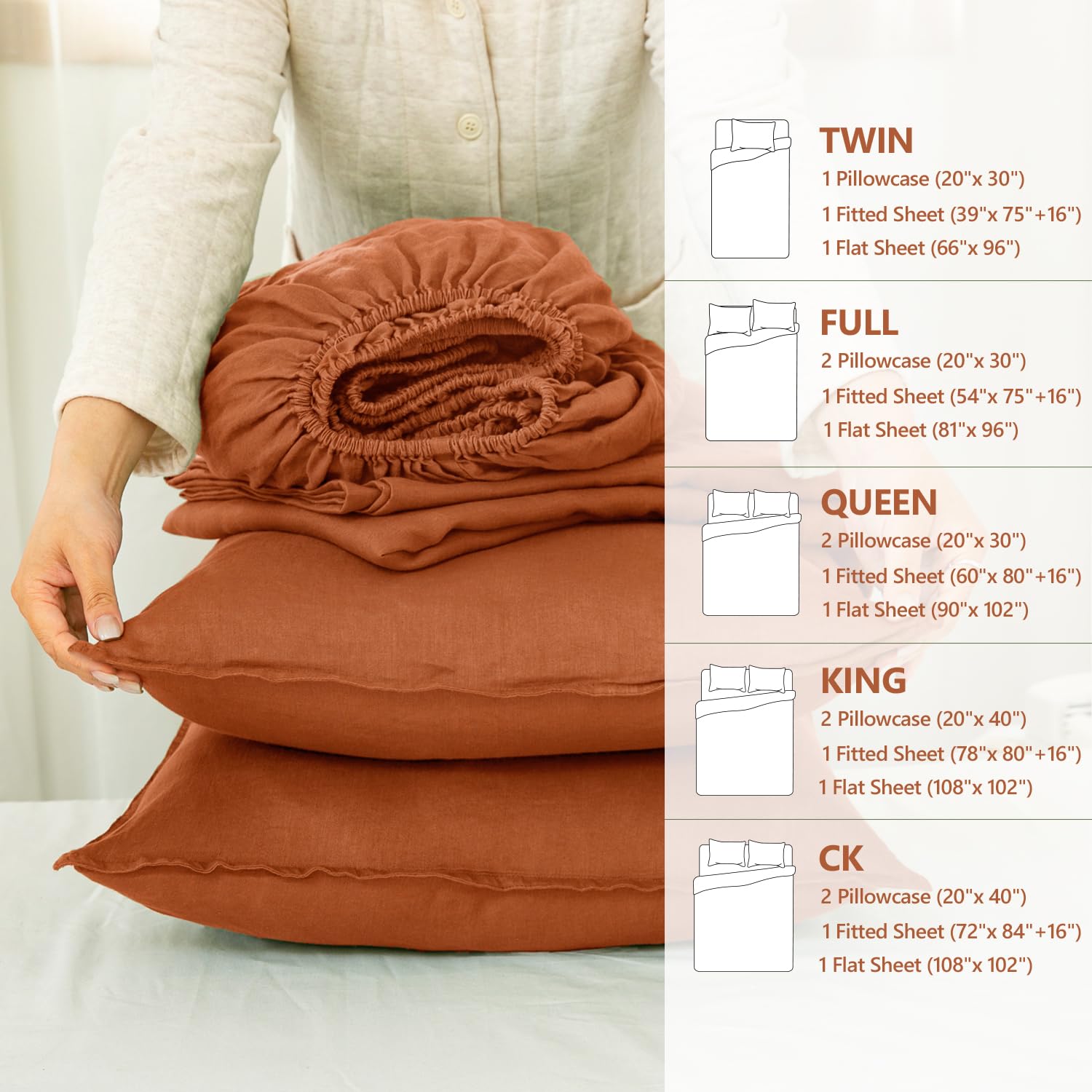 100% Organic French Linen Sheets Set - Stone Washed 4-Piece Natural Flax Bedding | Ultra Soft & Luxurious King Size (Caramel) for Master Bedroom & Guest Room | Eco-Friendly Breathable Bed Sheets for All Seasons