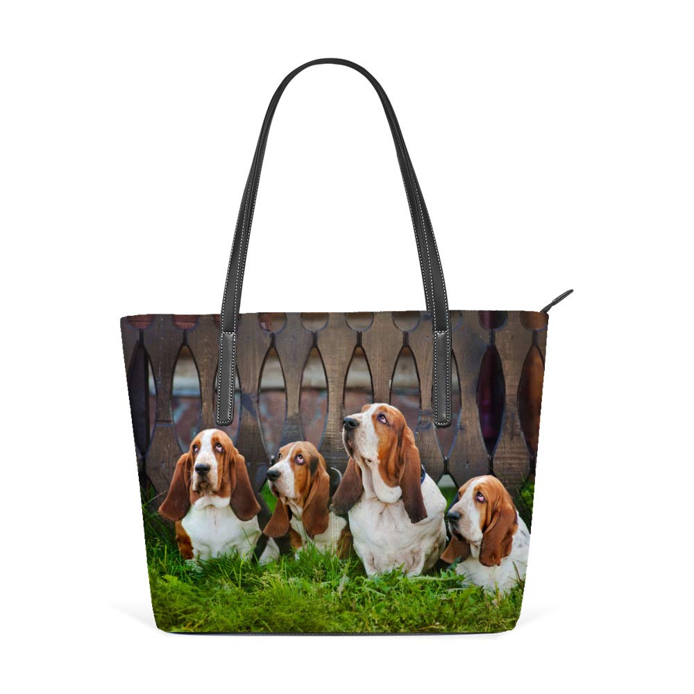 Women's Leather Tote Shoulder Bag - Large Work & Casual Shopper Handbag with Basset Hound Sitting Decor - Perfect for Office, Travel & Everyday Use