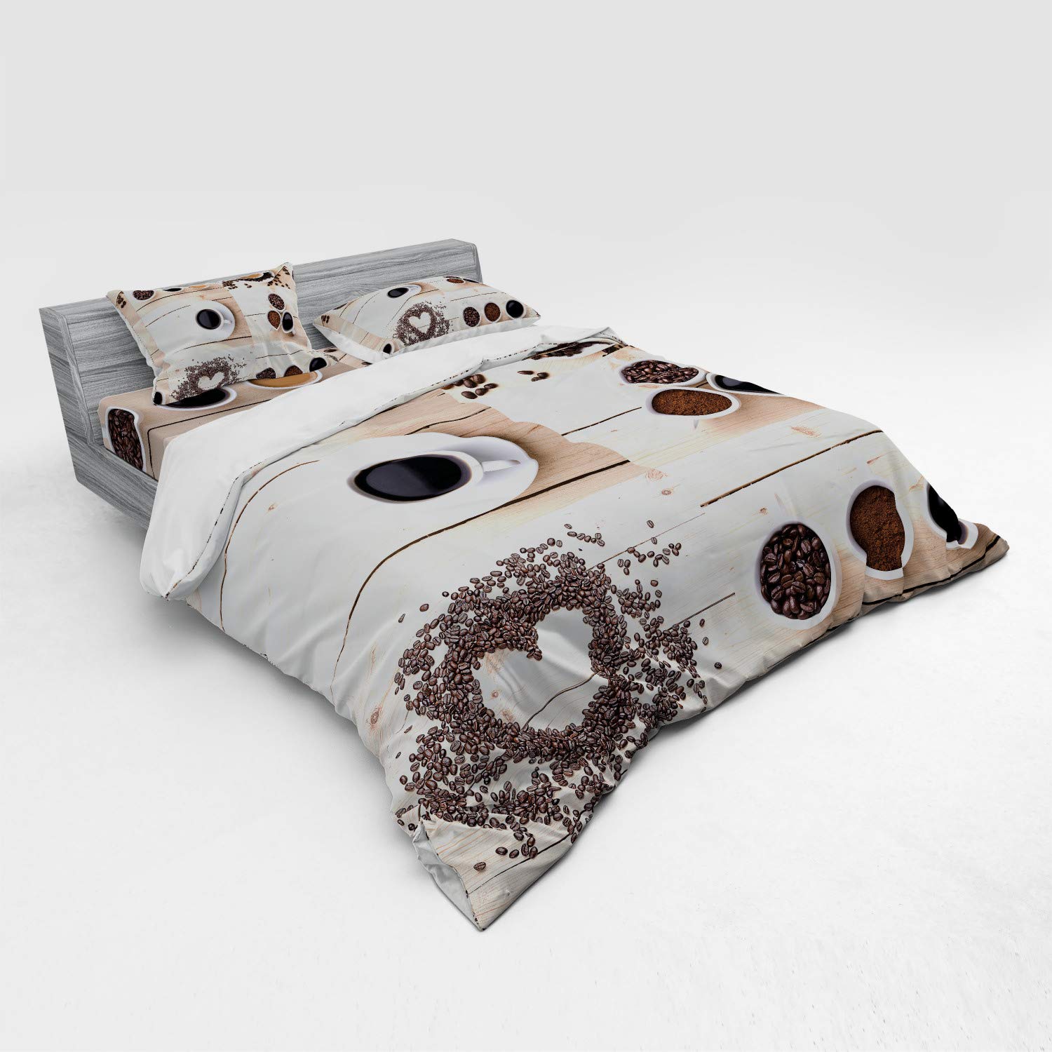 Ambesonne Coffee Lover Bedding Set - 3 Piece Duvet Cover with Sham & Fitted Sheet, King Size, Black Brown Tan - Coffee Mug & Beans Print on Wooden Table Design - Perfect for Coffee Enthusiasts' Bedroom Decor