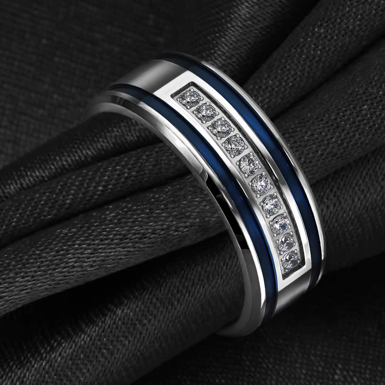 **Men's Stainless Steel Wedding Band with CZ & Blue Stripes - 8mm Comfort Fit Ring for Engagement, Marriage & Anniversary - Perfect Gift for Him**    *(Ideal for Weddings, Proposals, Anniversaries & Everyday Wear - Durable & Stylish Men's Jewelry)*