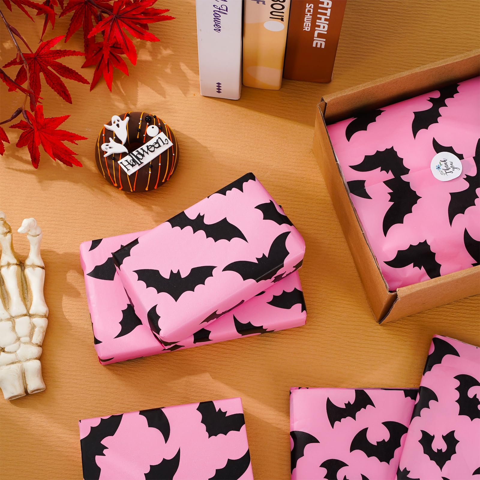 100Pcs Pink Bat Tissue Paper - Bulk Halloween Wrapping Paper with Black Bat Design, 14 x 20 Inch - DIY Gift Wrap & Craft Supplies for Party Decorations, Scrapbooking, and Spooky Halloween Projects