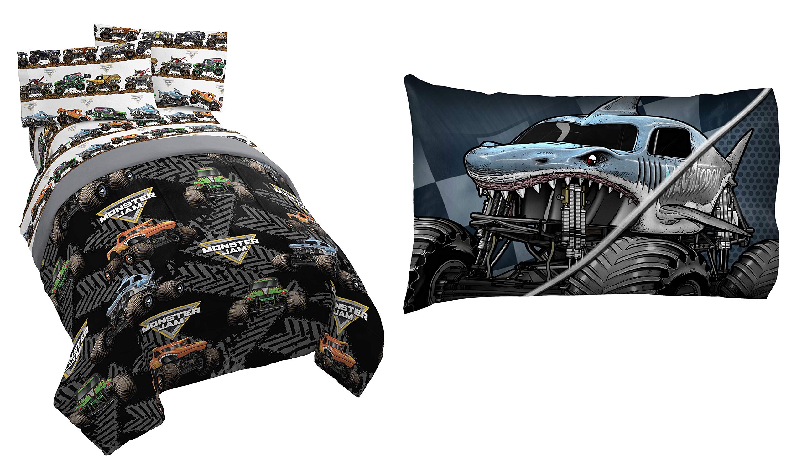 Jay Franco Monster Jam Tracks 5-Piece Twin Bedding Set - Comforter, Sheet, Pillowcase for Kids' Room Decor | Perfect for Monster Truck Themed Bedrooms & Birthday Gifts