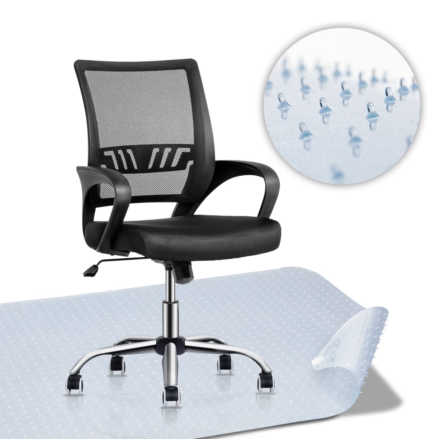 MoNiBloom Black Mesh Mid Back Ergonomic Office Chair with Lumbar Support & Armrest + Rectangular Chair Mat for Carpet - Comfortable Rolling Swivel Chair for Home & Office Workspace