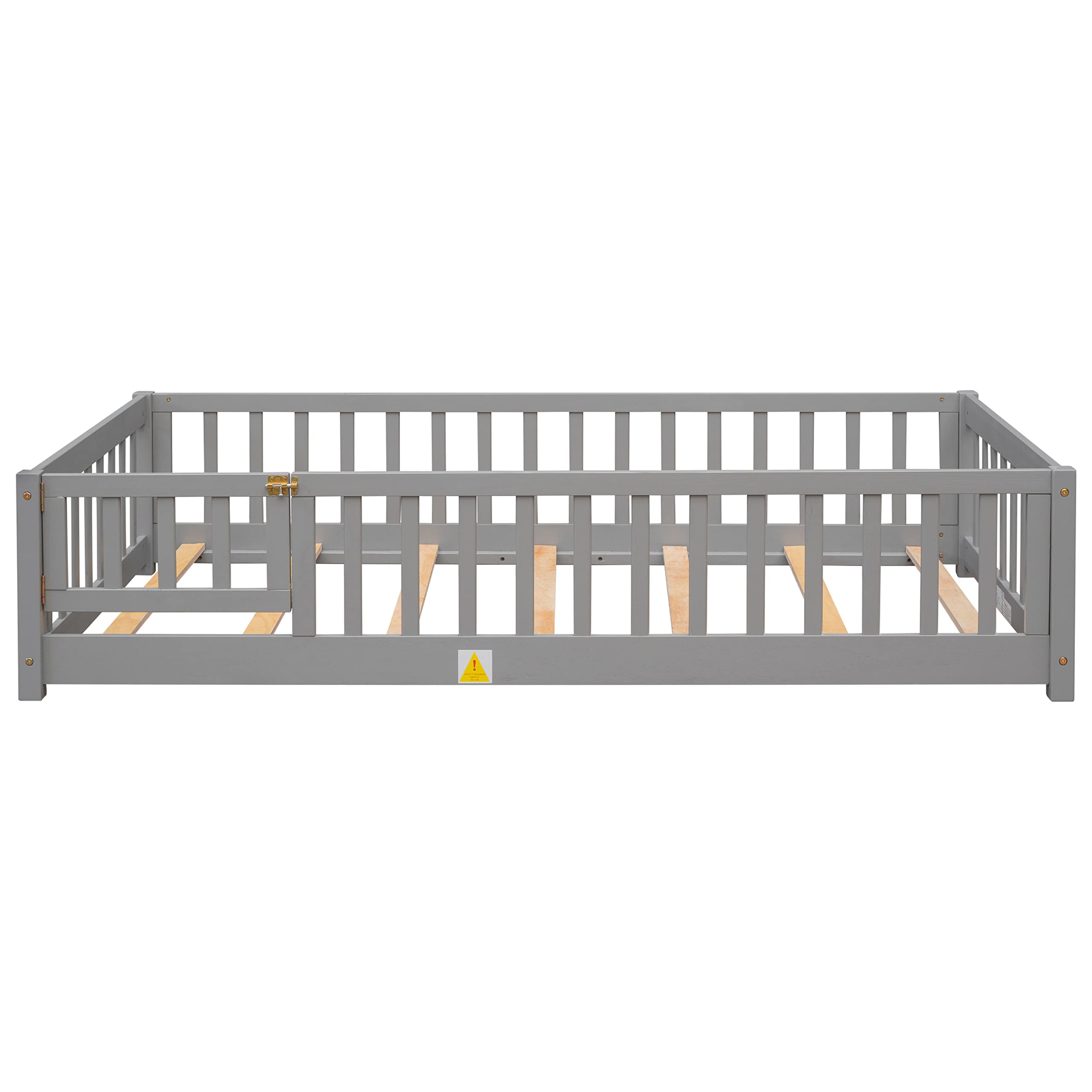Twin Size Floor Platform Bed with Safety Fence - Wooden Playpen Bed for Kids & Toddlers - No Box Spring Needed - Grey - Perfect for Nursery, Daycare or Kids' Bedroom Safety