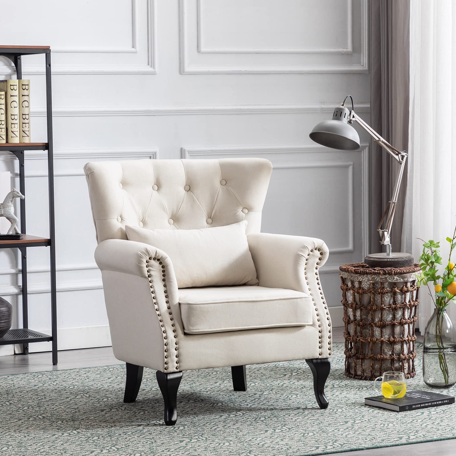 Mid-Century Modern Accent Reading Armchair - Comfy Wingback Club Chair with Button Tufted Back & Lumbar Pillow for Living Room, Bedroom, Office | Linen Beige Sofa Chair | Perfect for Reading Nooks, Cozy Corners & Waiting Areas