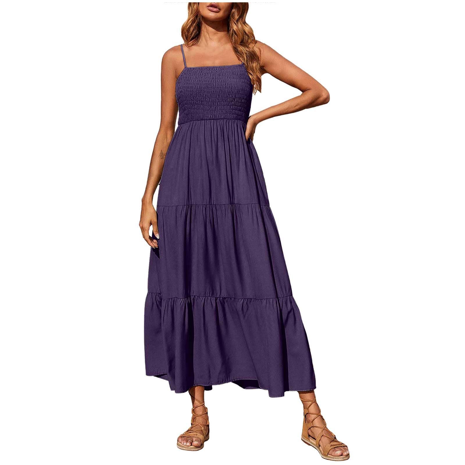 Women's Summer Boho Beach Dress - Flowy Ruffle Smocked Tiered Swing Midi Sundress with Sling | Perfect for Vacations, Pool Parties & Casual Outings