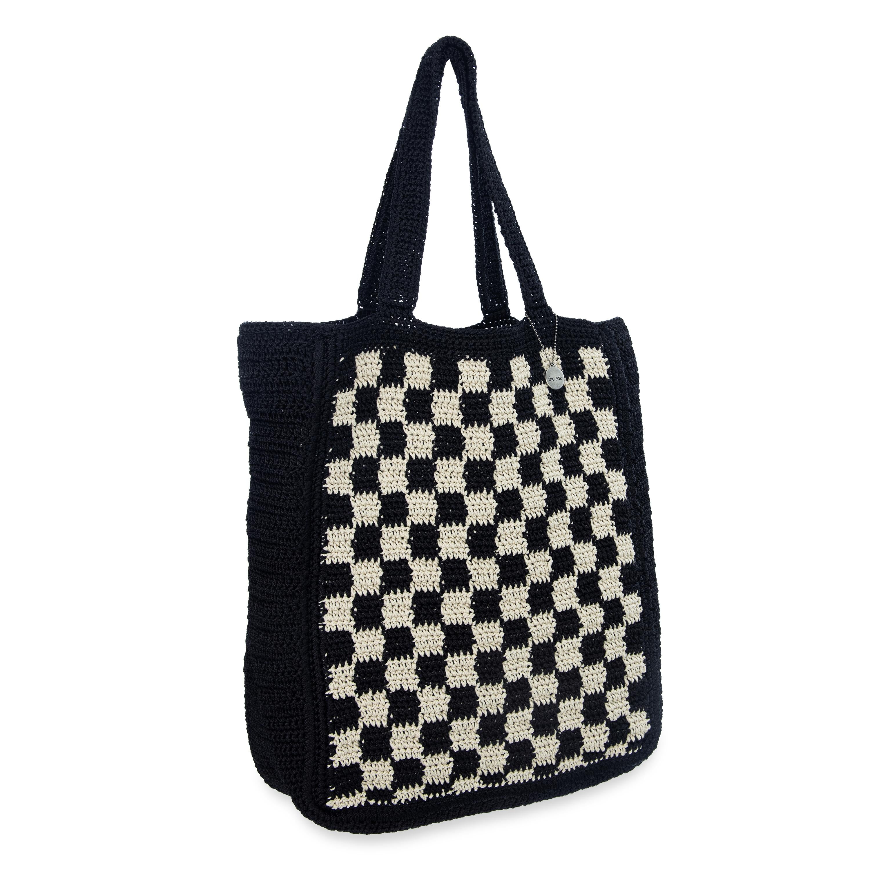 Hand Crochet Lanie Market Tote Bag - Black Checkered Pattern - Perfect for Grocery Shopping, Beach Trips & Farmers Market Visits