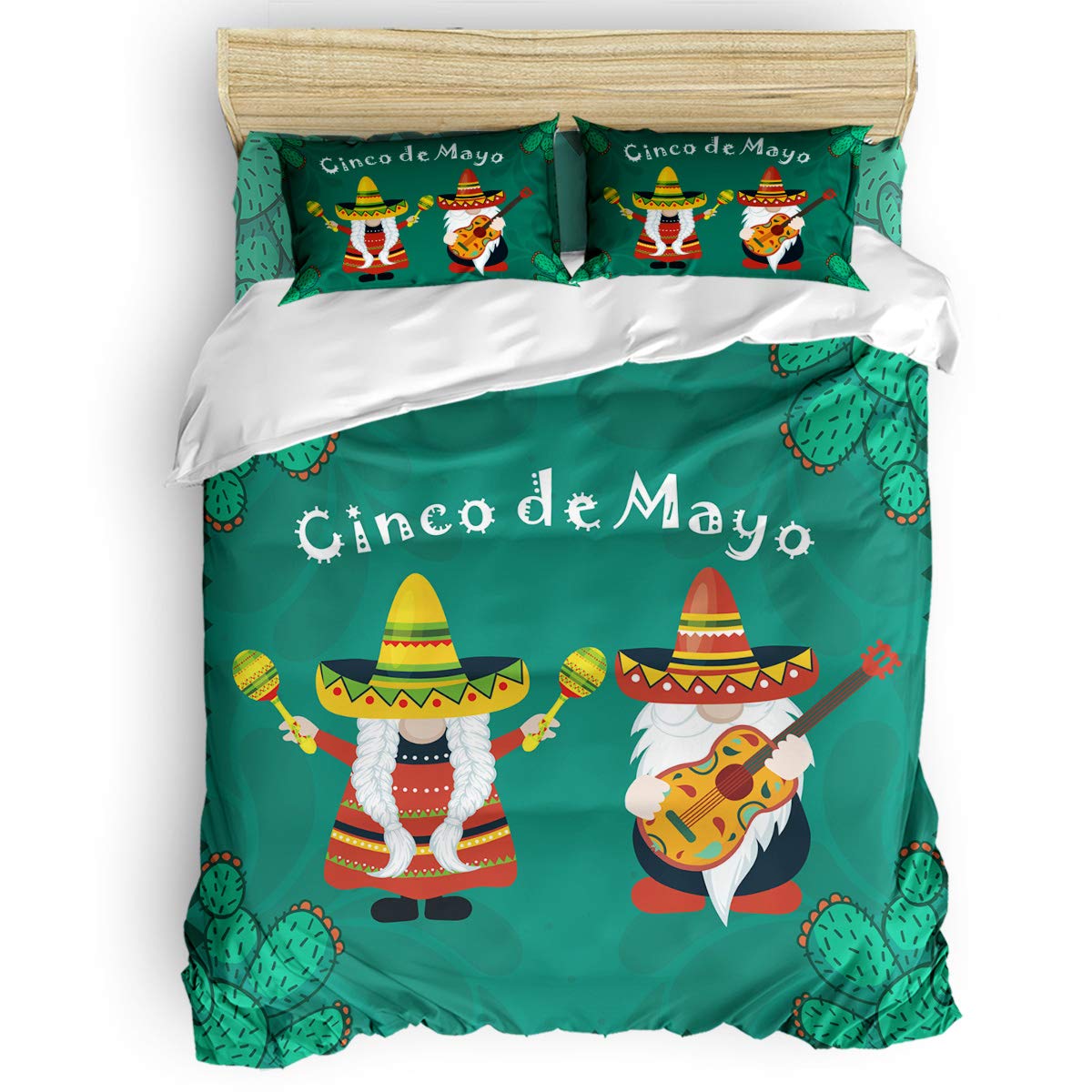 PartyShow 4-Piece Full Bed Set - Mexican Cinco de Mayo Gnome & Cactus Themed Comforter Cover with 2 Pillowcases for Kids' Bedroom Decor | Perfect for Themed Parties, Children's Rooms & Holiday Gift Giving