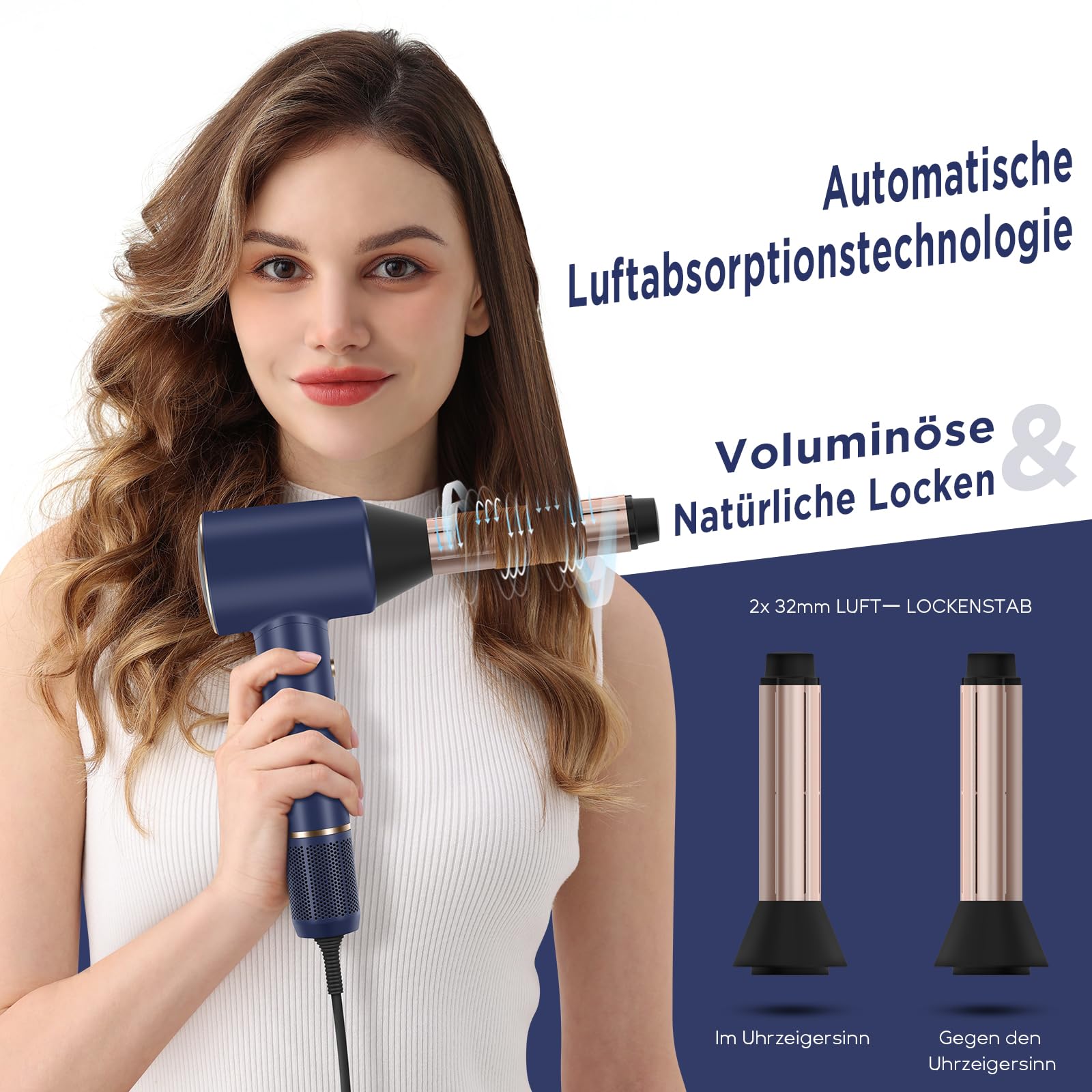 PARWIN PRO BEAUTY HD-LED Professional Hair Dryer with 110,000RPM Brushless Silent Motor - 2 x 32mm Auto Curling Attachments (Prussian Blue) | Fast Drying for Salon-Quality Styling at Home, Travel & Professional Use