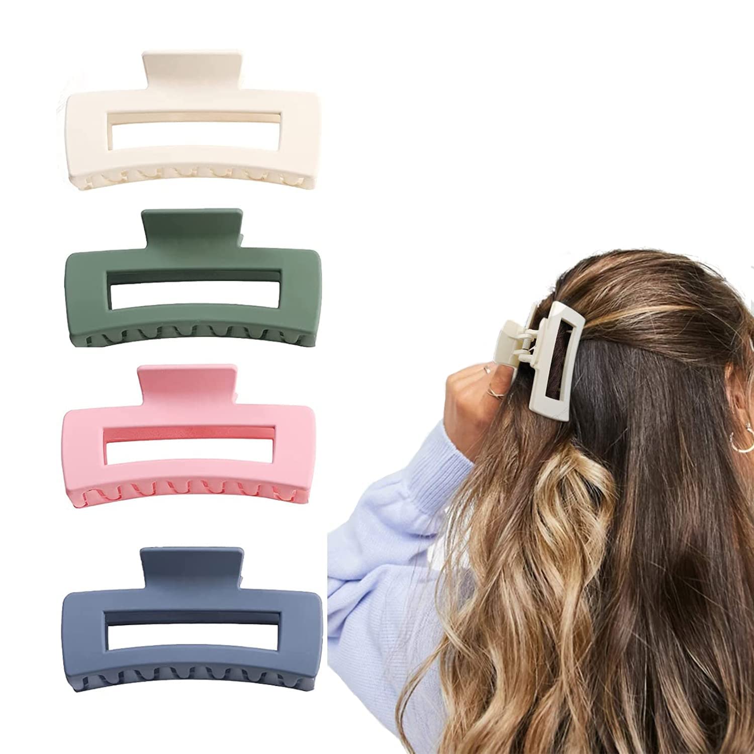 4 PCS Large Hair Claw Clips for Thick Hair - Strong Hold Non-Slip Rectangular Jaw Clips with Matte French Design | Perfect Hair Accessories for Women, Gifts for Her | Great for Work, Gym, Travel and Everyday Styling
