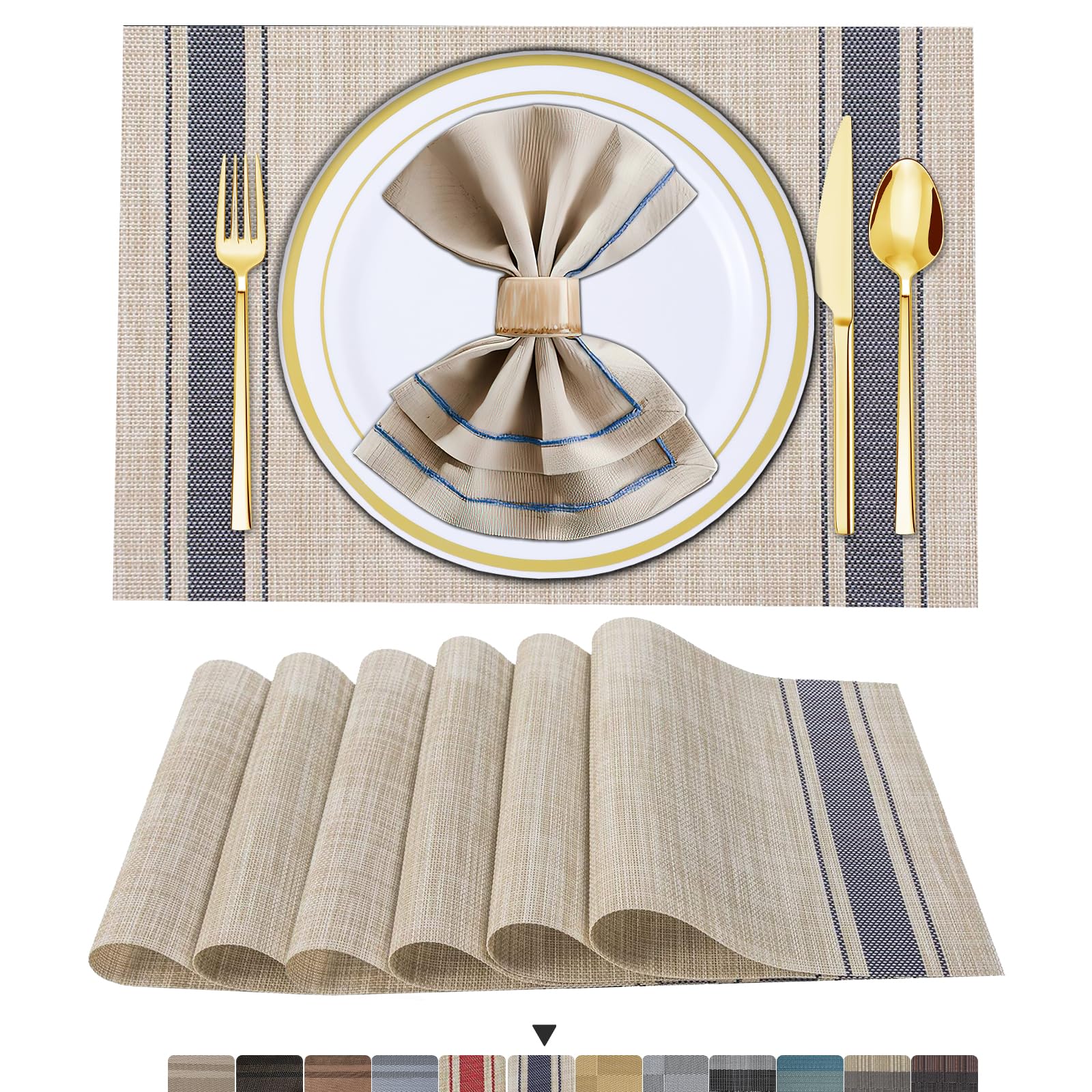 6-Piece Woven Placemats Set - Boho Style Vinyl Table Mats for Dining, Indoor & Outdoor Use - Waterproof & Durable Blue Line Design - Perfect for Kitchen, Patio, and Picnic Settings