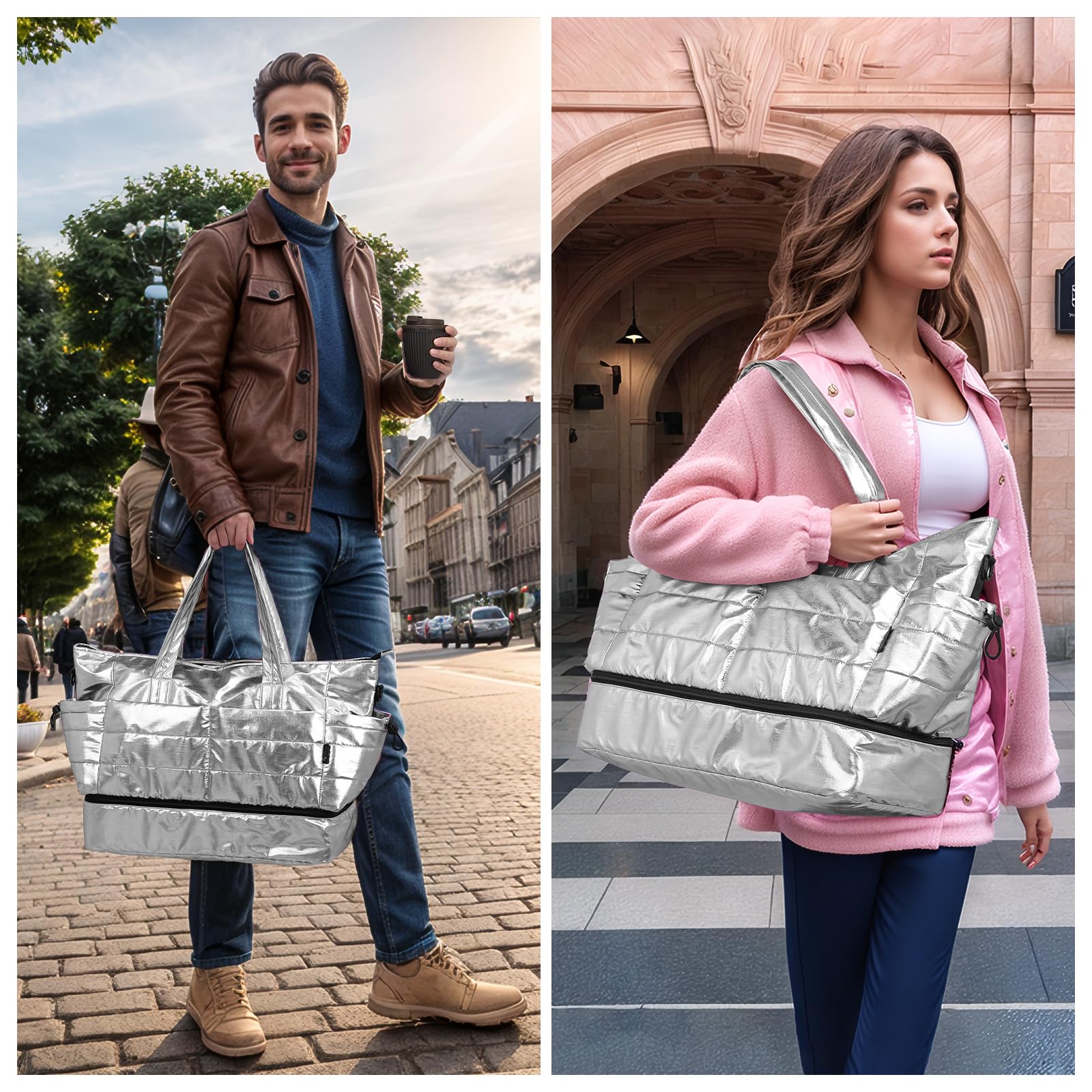 Women's 50L Large Travel Duffel Bag with Shoe Compartment - Waterproof Gym Bag & Weekender Overnight Bag for Women (Silver) - Perfect for Gym, Travel, Sports & Weekend Getaways