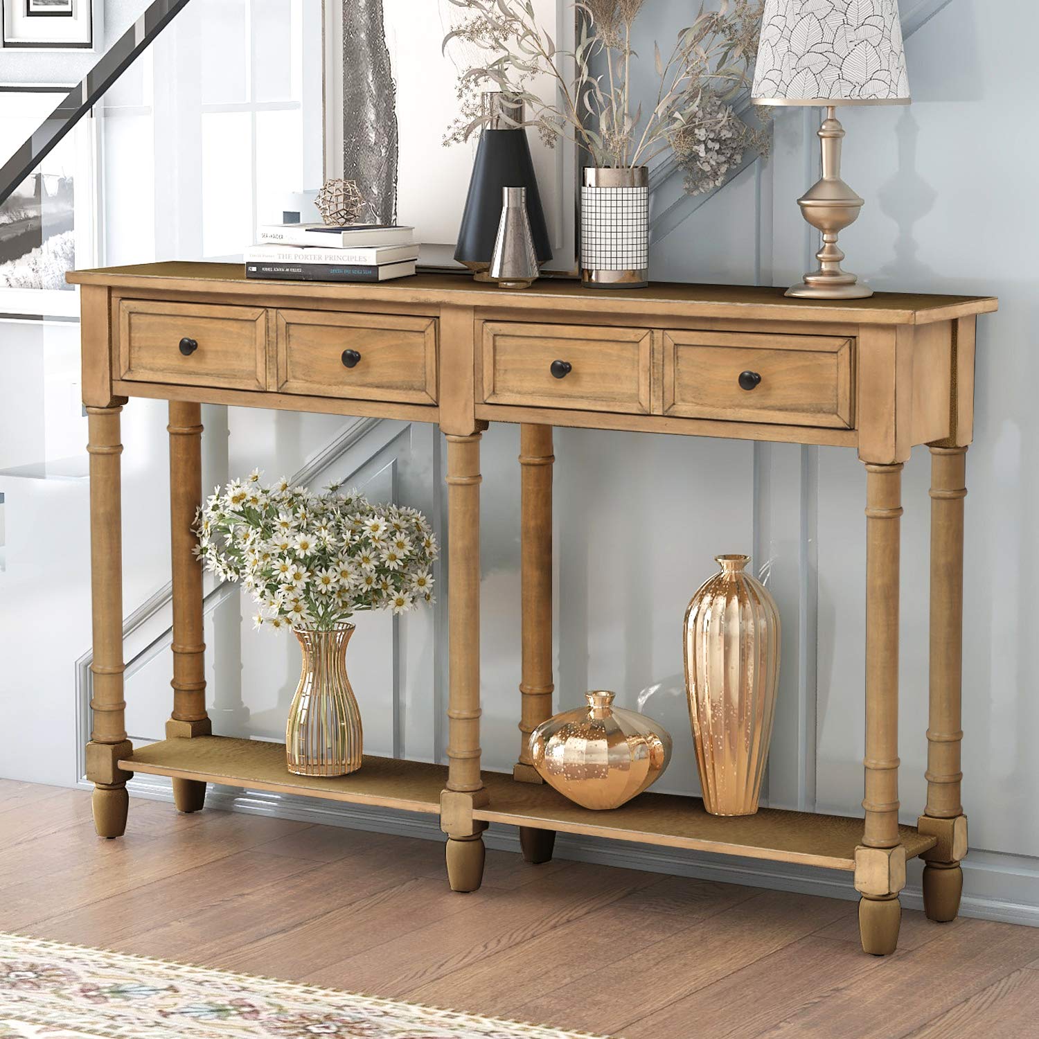 HOUAGI Entryway Console Table with 2 Storage Drawers & Bottom Shelf - Solid Wood Hallway Sofa Table for Living Room, Foyer - Easy Assembly (Old Pine) - Perfect for Small Spaces, Home Decor & Organizing Keys, Mail