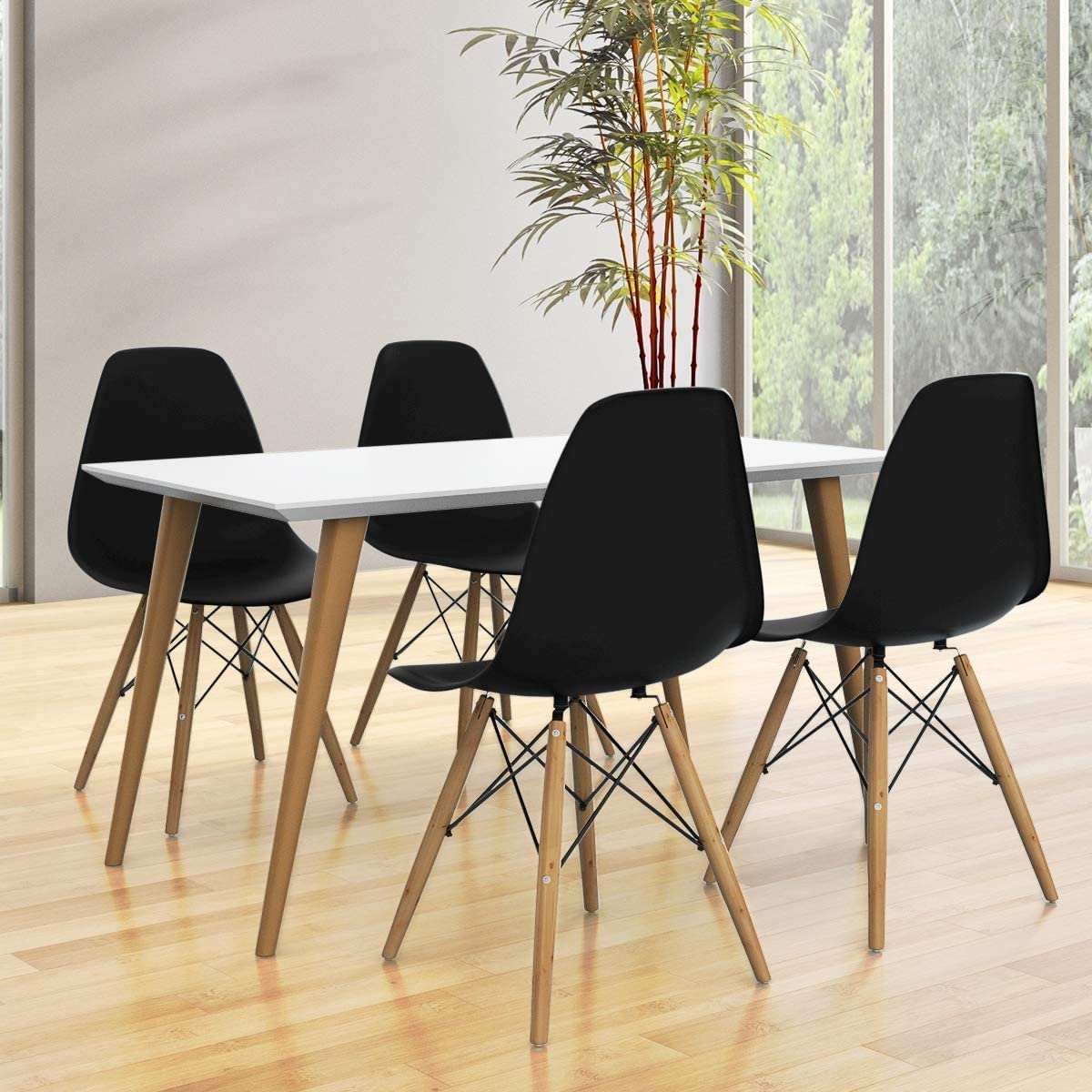 ERGOMASTER DSW Modern Dining Chairs Set of 4 - Pre-Assembled Sturdy Wooden Legs & Plastic Shell Lounge Chairs for Kitchen, Dining Room, Living Room & Bedroom - Black (Perfect for Family Gatherings & Home Decor)