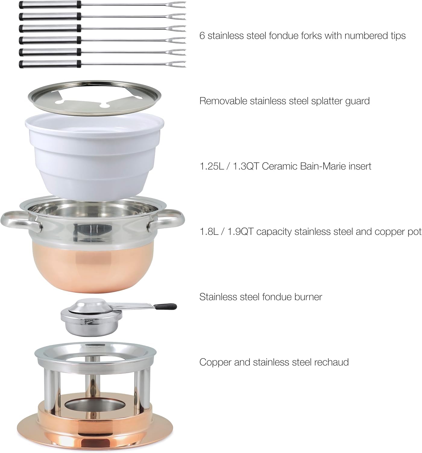 Swissmar Lausanne 11-Piece Copper Plated Fondue Set for Cheese, Chocolate, Oil & Broth Cooking - 1.8L/1.9Qt Premium Kitchen Gift Set - Perfect for Dinner Parties, Romantic Dates & Wedding Gifts