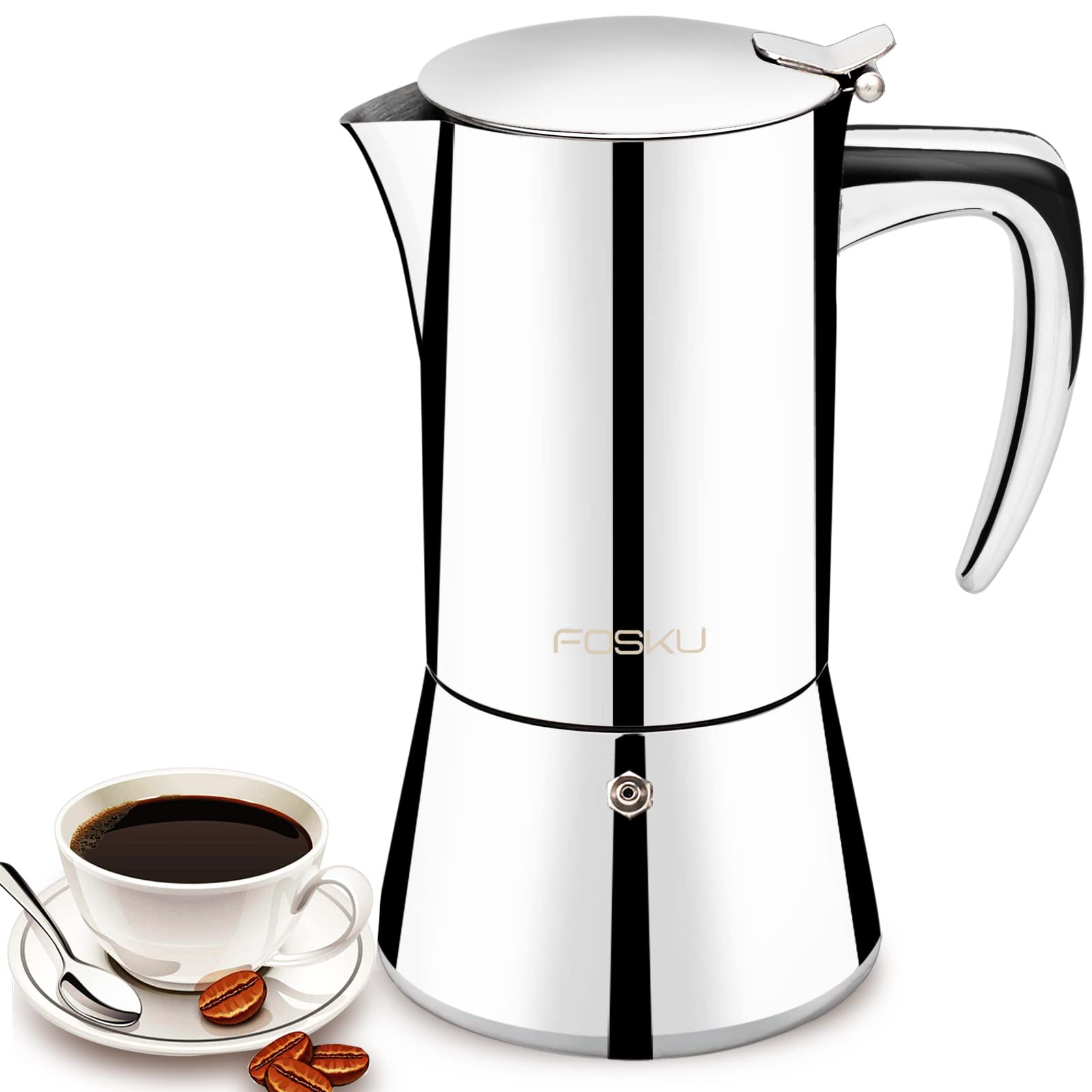 FOSKU 3-4 Cup Stovetop Espresso Maker - Stainless Steel Moka Pot Italian Coffee Machine - Compatible with Induction Cooktops - 200ml Capacity - Perfect for Home, Office & Camping Coffee Brewing
