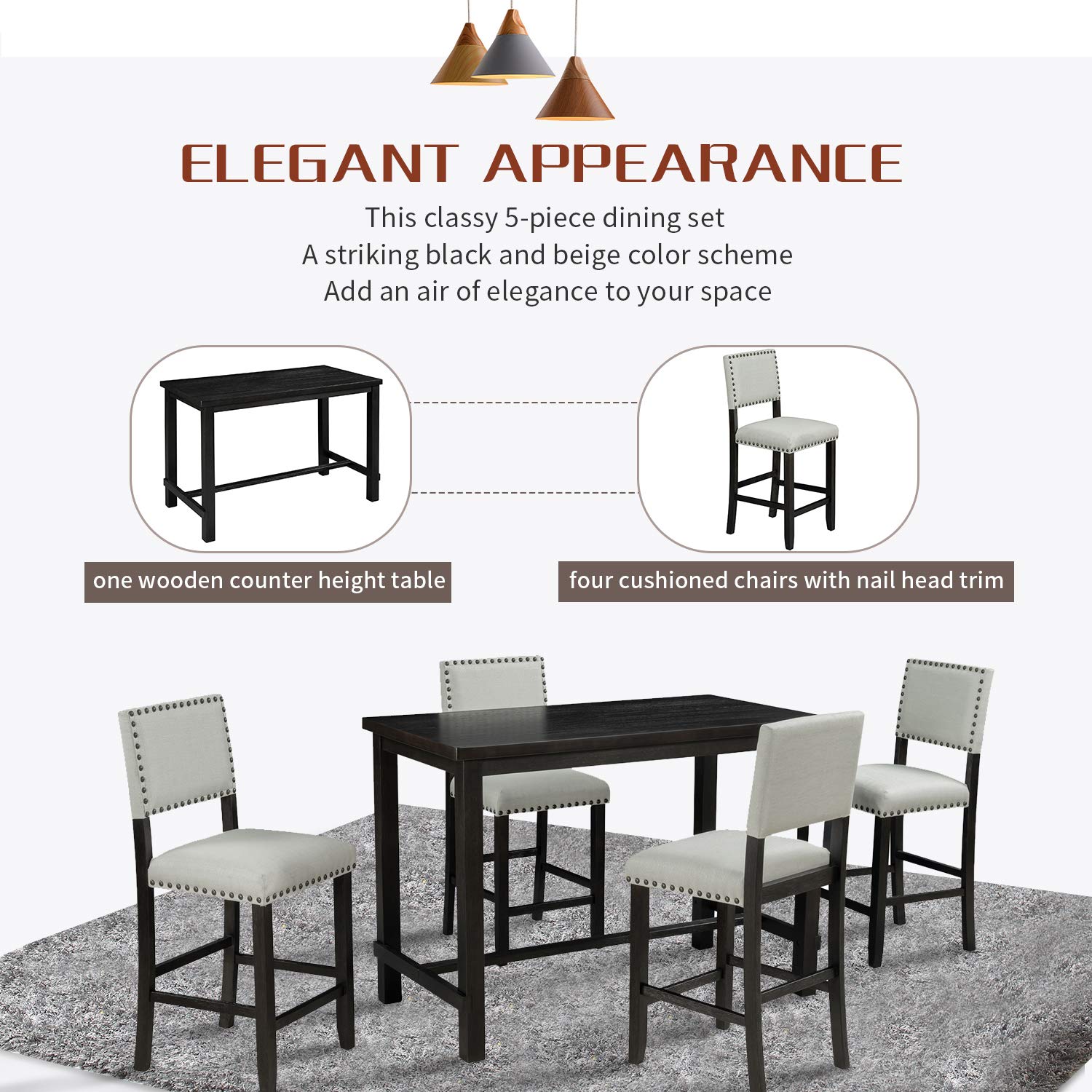 LZ LEISURE ZONE 5-Piece Counter Height Dining Set - Wood Kitchen Table & Chairs for 4 - Espresso & Beige Modern Dining Room Furniture - Perfect for Small Spaces, Apartments, Restaurants & Breakfast Nooks