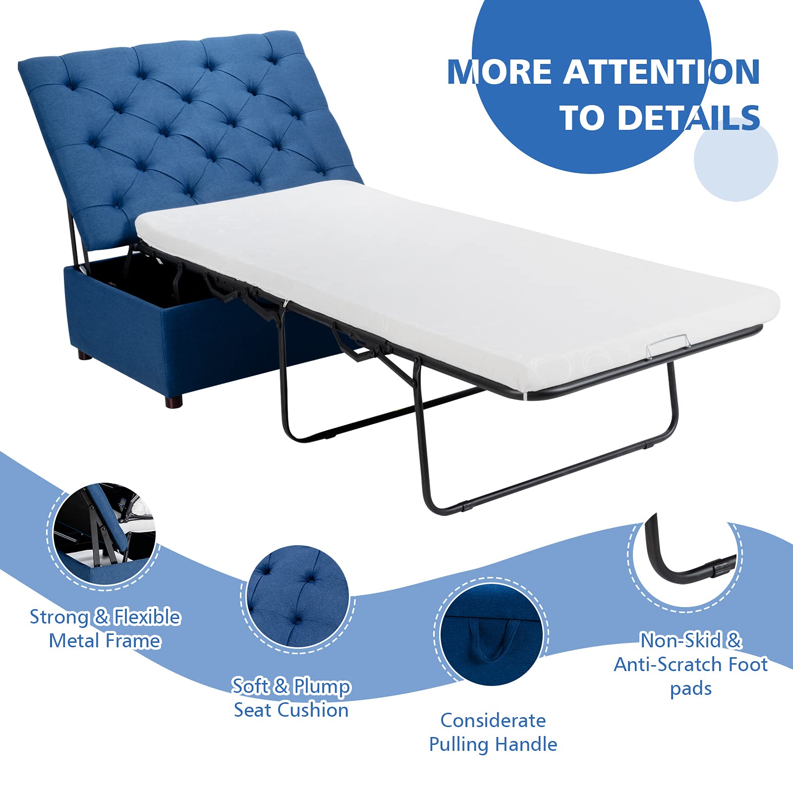 Giantex Ottoman Folding Bed with Mattress - Convertible Chair to Sofa Bed, Steel Frame Sleeper Couch for Guest & Lounge - Dual Use Living Room, Bedroom & Office Furniture (Blue) | Perfect for Small Spaces, Overnight Guests & Multi-Functional Furniture Needs