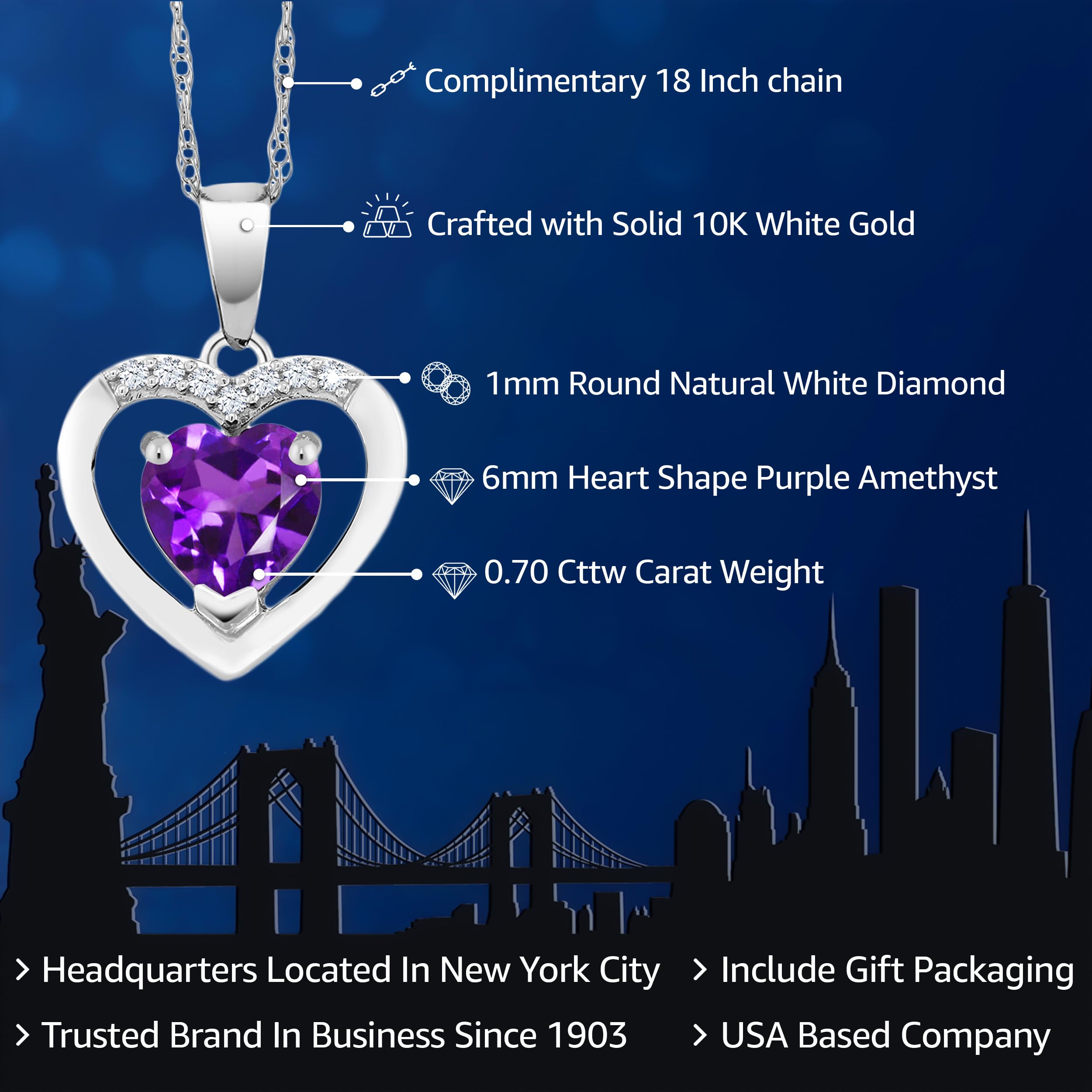 10K White Gold Heart Birthstone Pendant Necklace with 6MM Gemstone & White Diamonds | 18 Inch Chain | Elegant Jewelry Gift for Women | Perfect for Anniversaries, Birthdays & Special Occasions