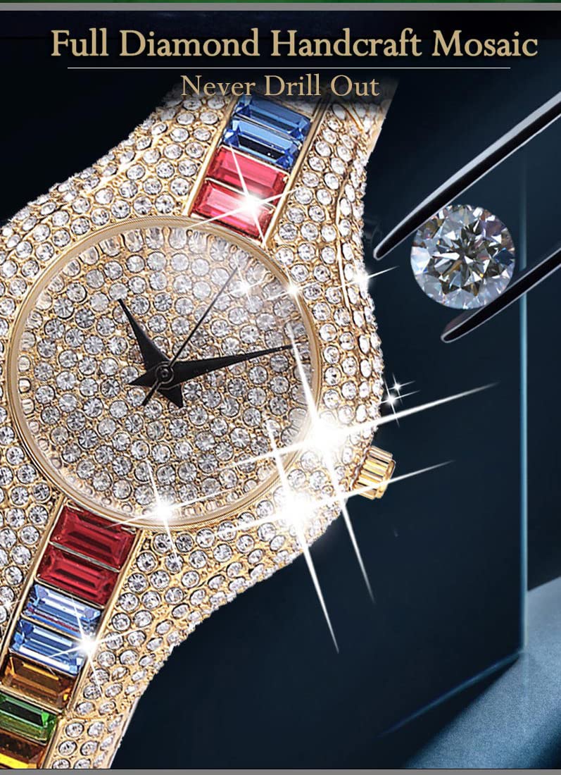 MASTOP Luxury Unisex Hip Hop Diamond Watch - Bling Colorful Analog Quartz Bracelet Dress Wristwatch for Men & Women | Perfect for Parties, Gifts, and Fashion Accessories