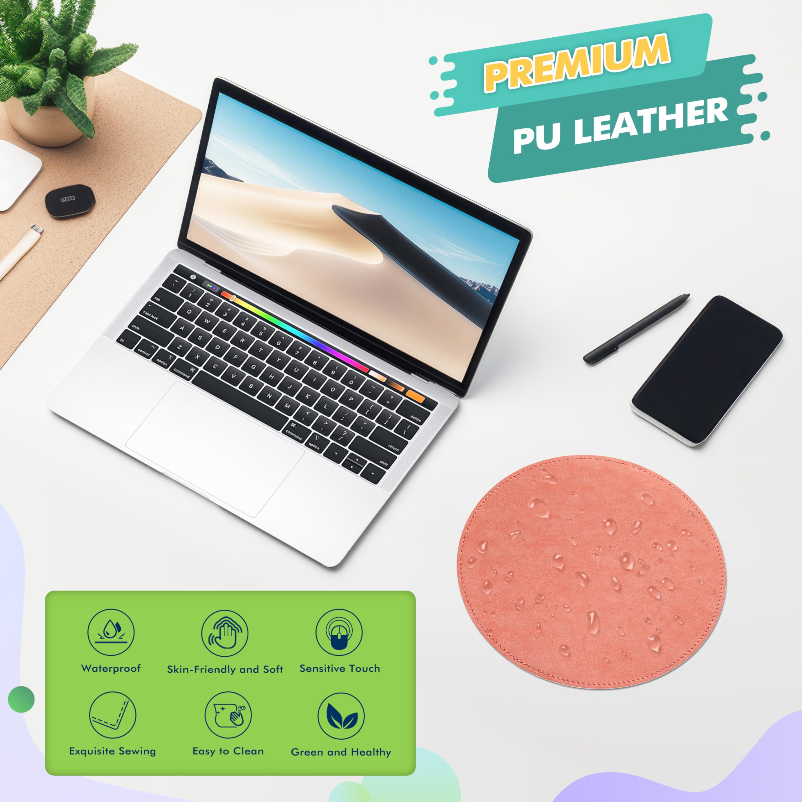 Premium Round PU Leather Mouse Pad with Stitched Edge - Non-Slip Micro-Fiber Base, Waterproof Desk Mat for Computer & Laptop (9x9 Inch, Pink) - Ideal for Office, Gaming & Home Workspace Accessories