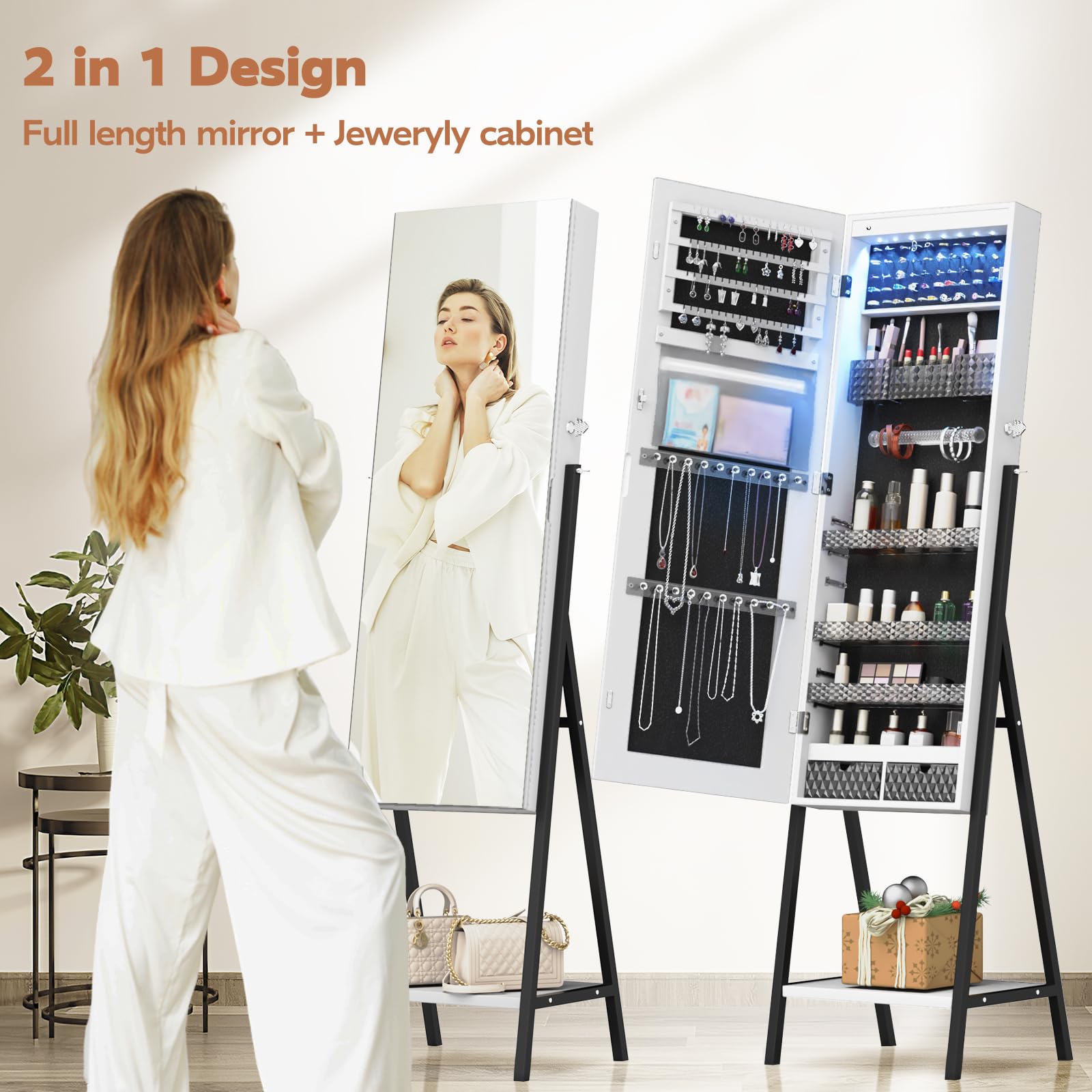 Full Length LED Mirror Jewelry Cabinet with Storage - Lockable Makeup Armoire with 2 Drawers, Large Cosmetic Organizer for Bedroom & Bathroom (White) - Perfect for Vanity, Dressing Room & Closet Organization
