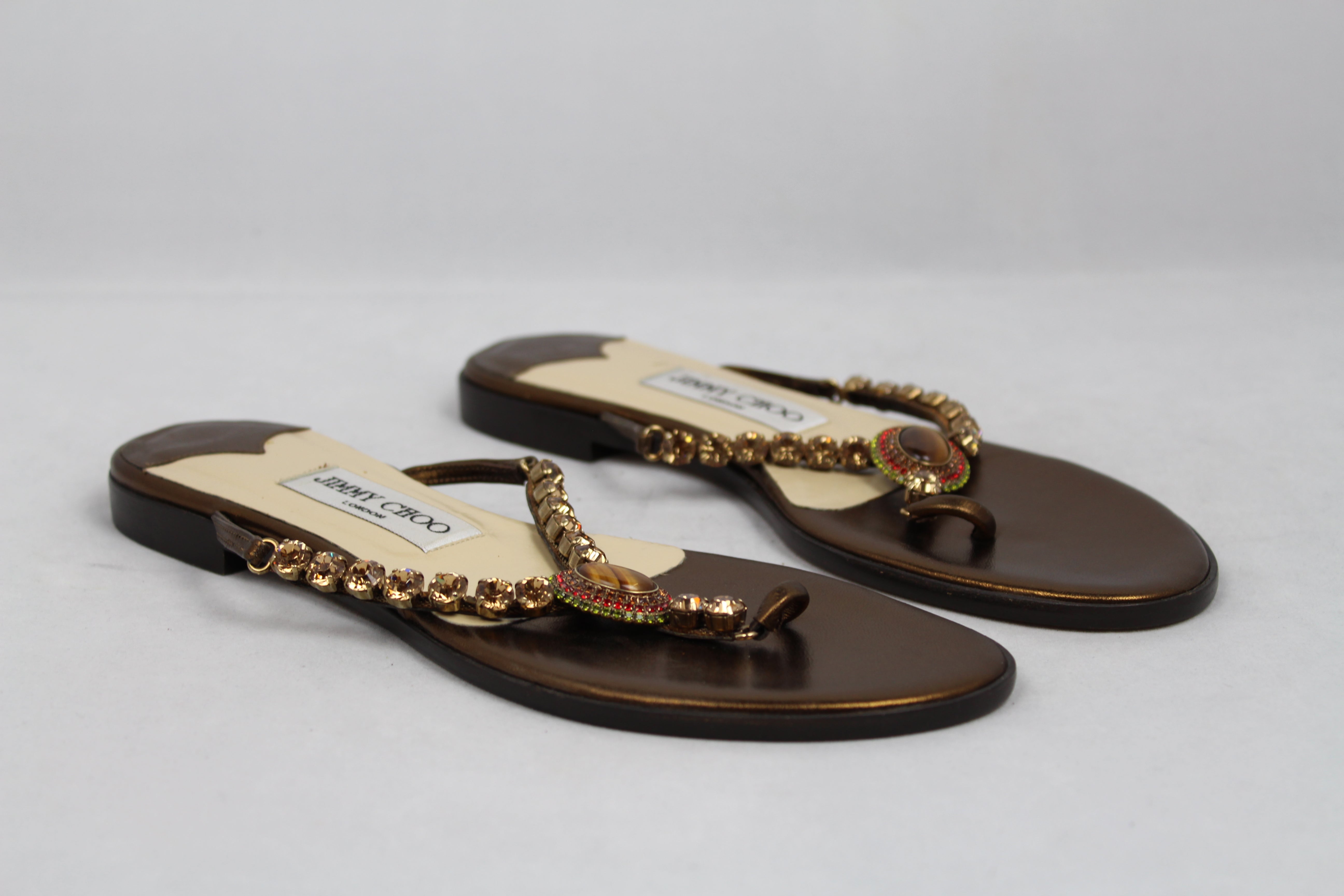 Jimmy Choo Bronze Flip Flops with Stones and Rhinestones - Size 37 | Elegant Summer Sandals for Beach, Pool, and Casual Outings